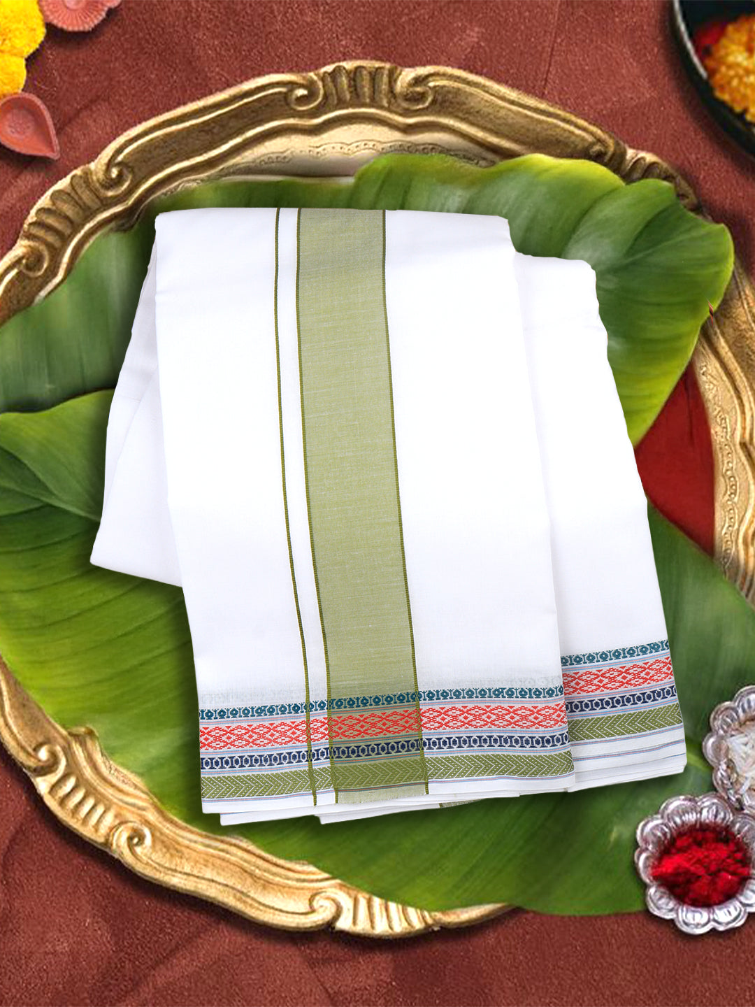 Men Cotton Green Fancy Border Panchakacham with Angavasthram (9+5) JD01