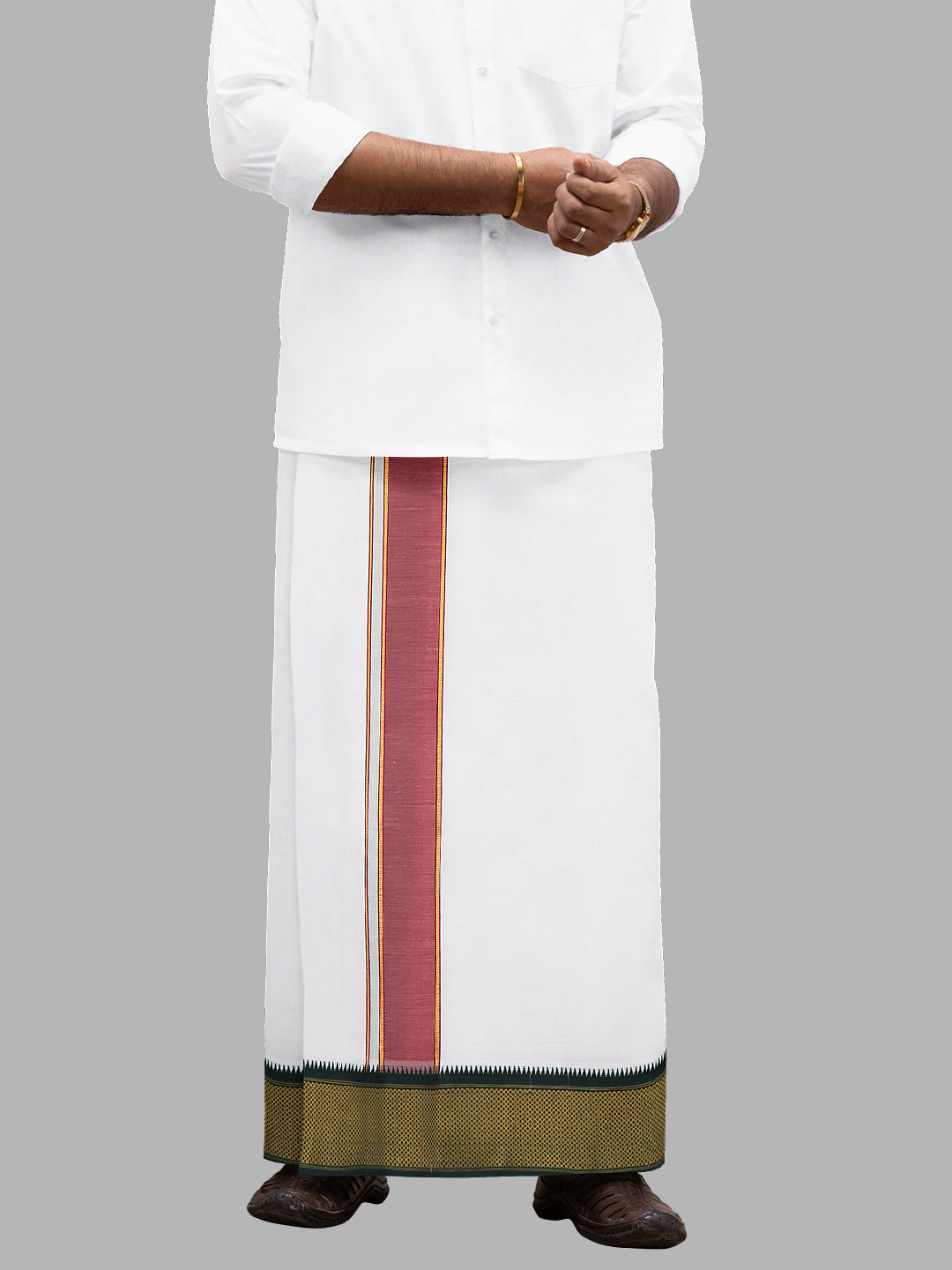Men Cotton Blend Single Layer White Dhoti with Mayilkhan Border Kalki(4 Way Dhoti)