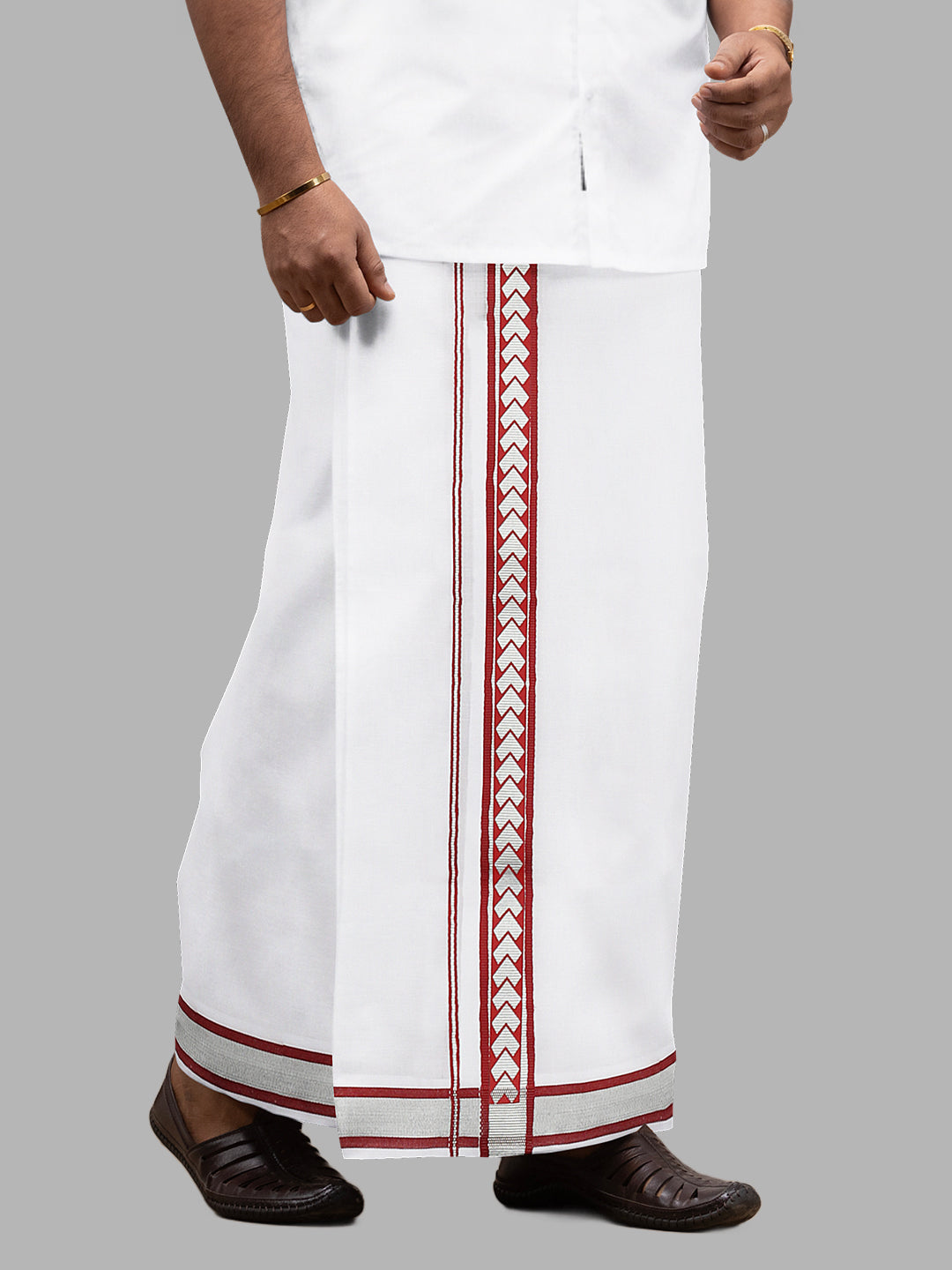 Men Cotton Blend Double Layer White Dhoti with Fancy Jari Border 02