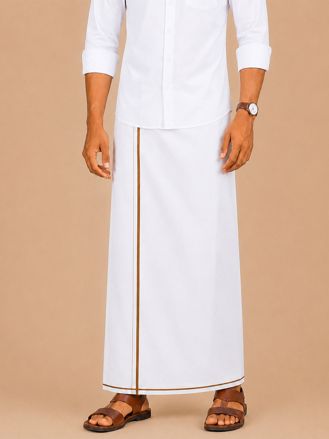 Single Layer Cotton Linen White Dhoti with Small Border - Lee Sort LDS03