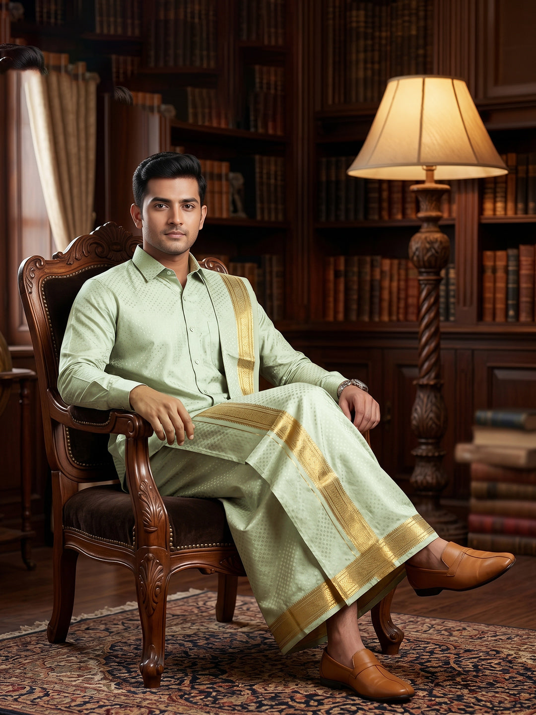 Men Art Silk Jacquard Shirt Dhoti & Towel Set Marine Green Swayamvara Grand MGJD1