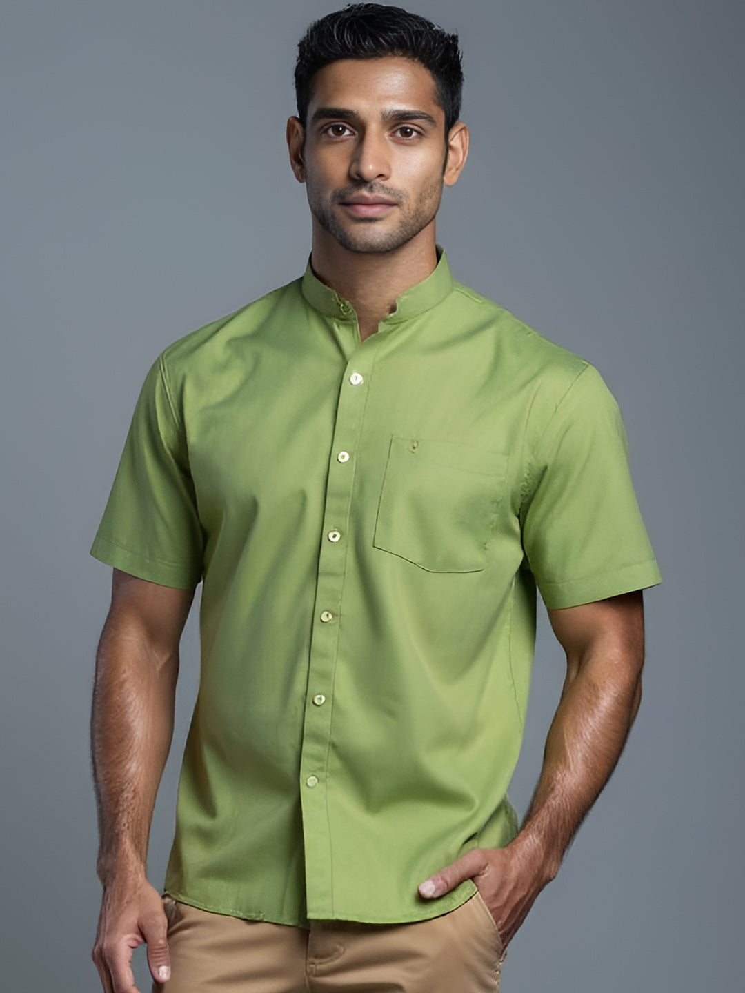 Men Yellowish Green Linen Cotton Chinese Collar Shirt LF9