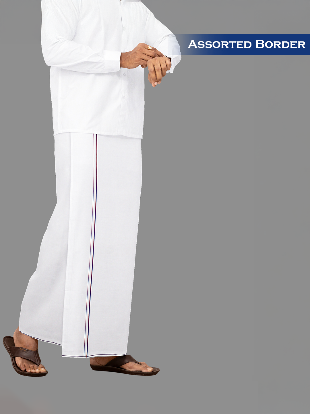 Men Cotton Blend Single Layer White Dhoti with Assorted Border