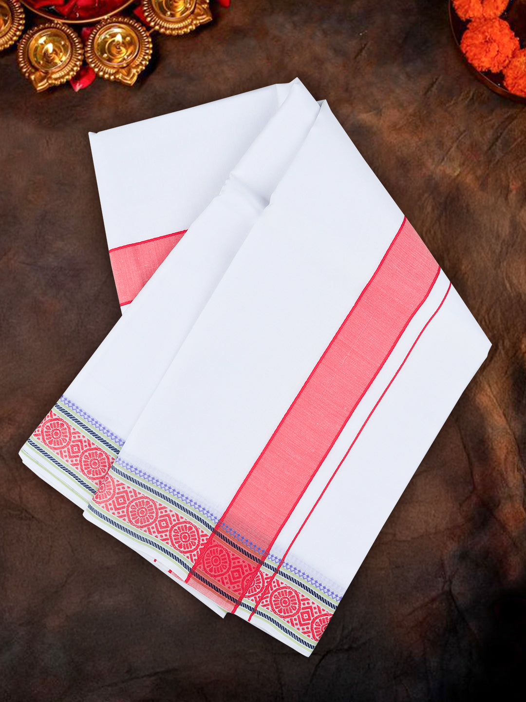 Men Cotton Red Fancy Border Panchakacham with Angavasthram Srirasthu(9+5) SR44