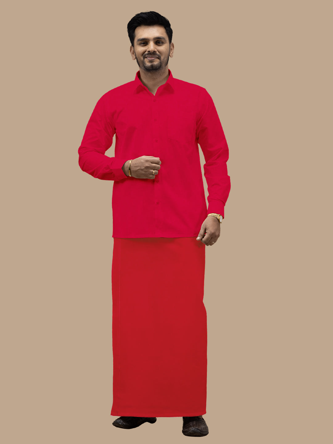 Men Cotton Blend Readymade Single Layer Red Dhoti with Assorted Border