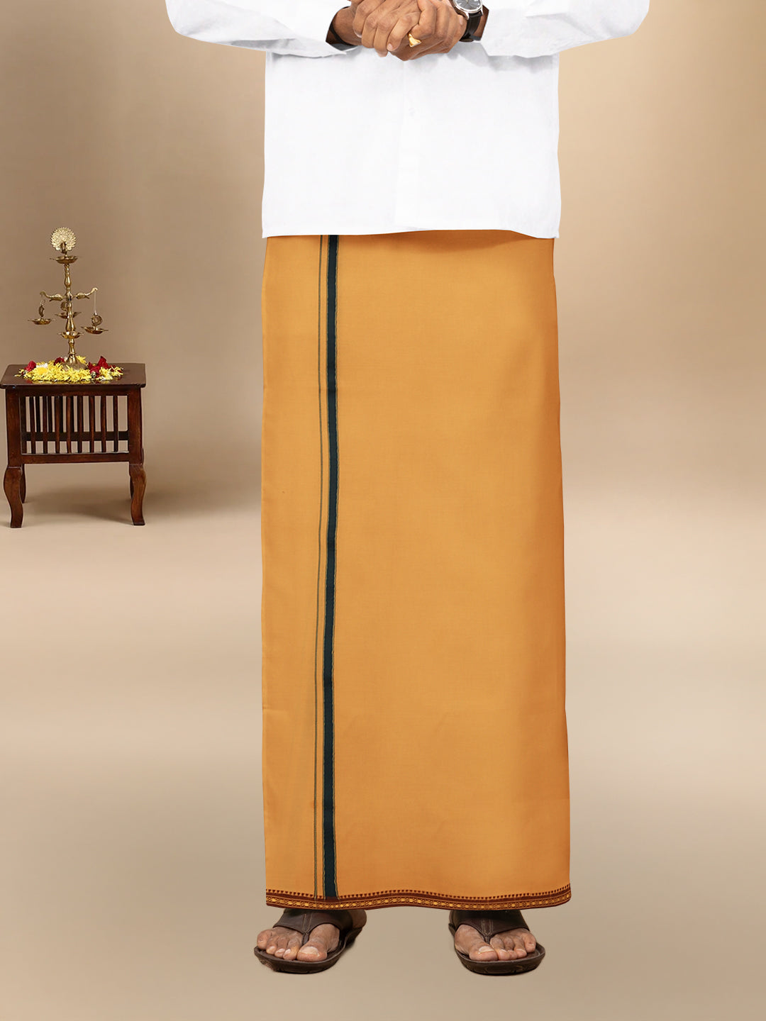 Men 100% Cotton Single Layer Kaavi Dhoti with Mayilkhan Border Slokam (4 Way Dhoti)