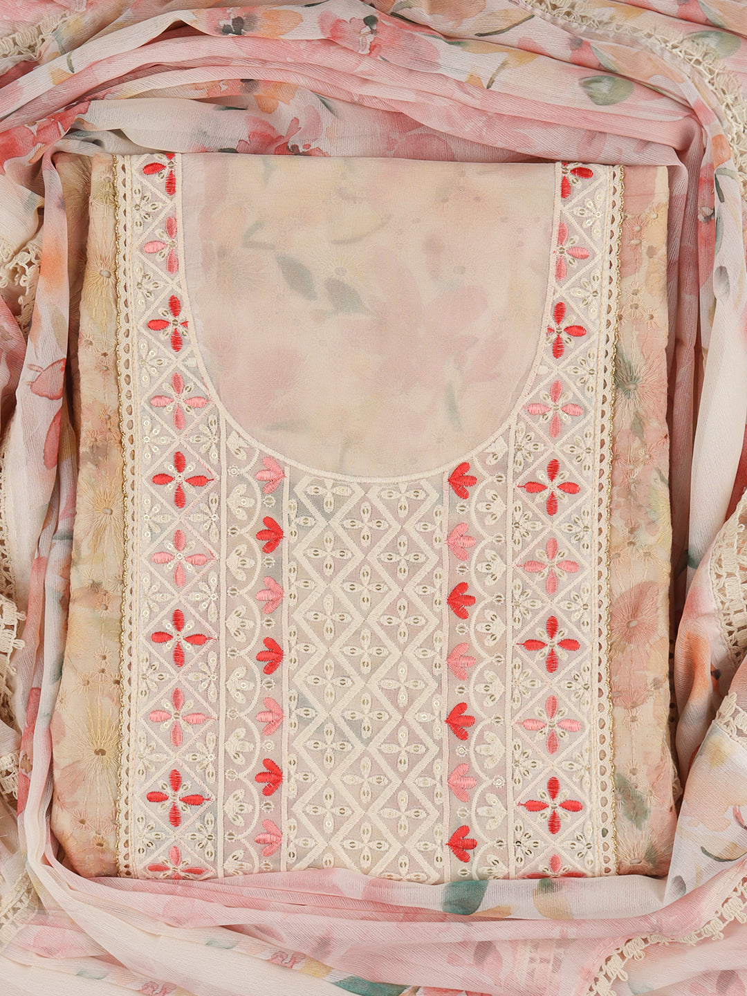 Women Cotton Rich Dress Material Cream with Light Pink- DM154