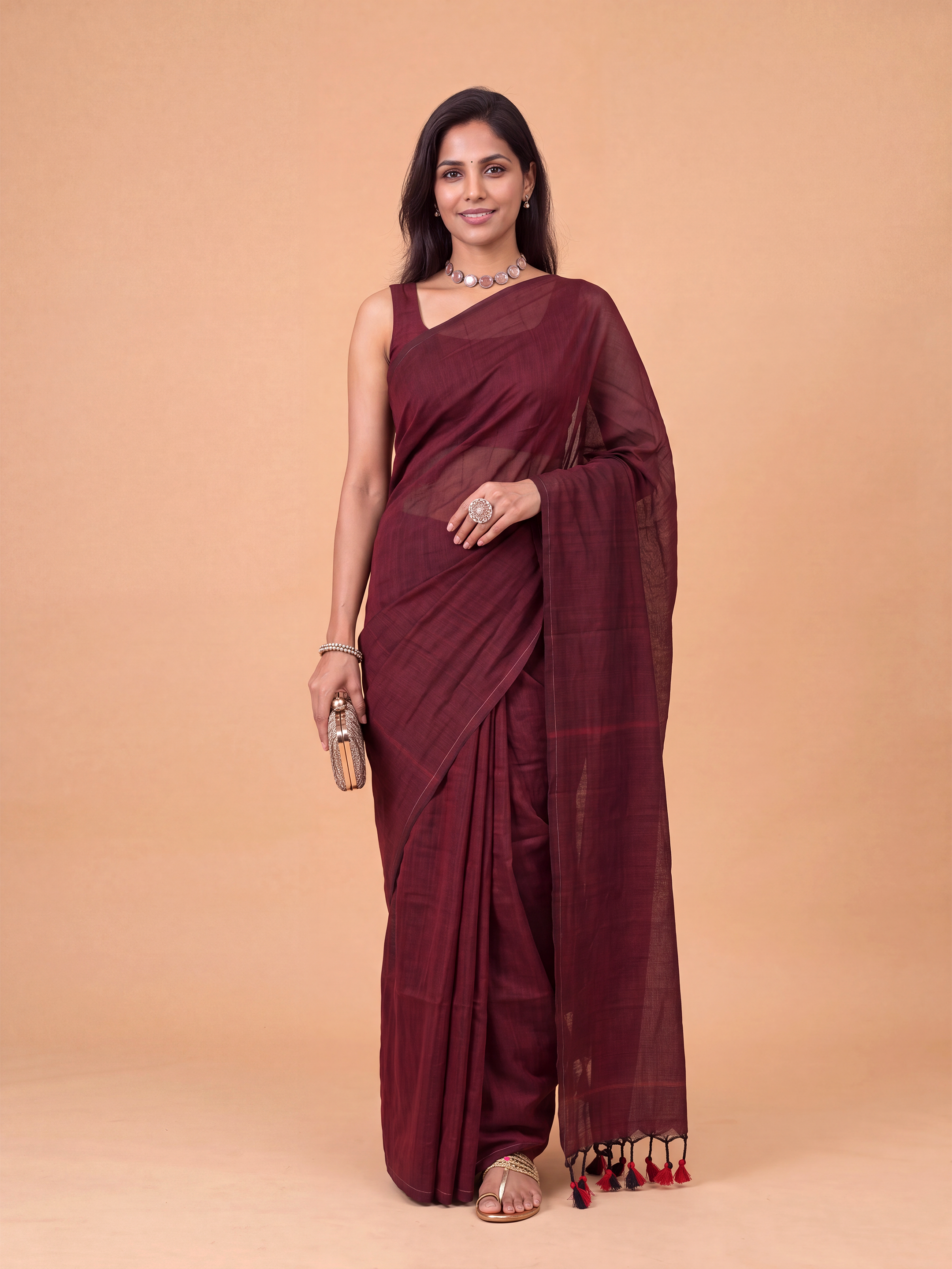 Women Pure Cotton Dark Maroon Saree PCS293