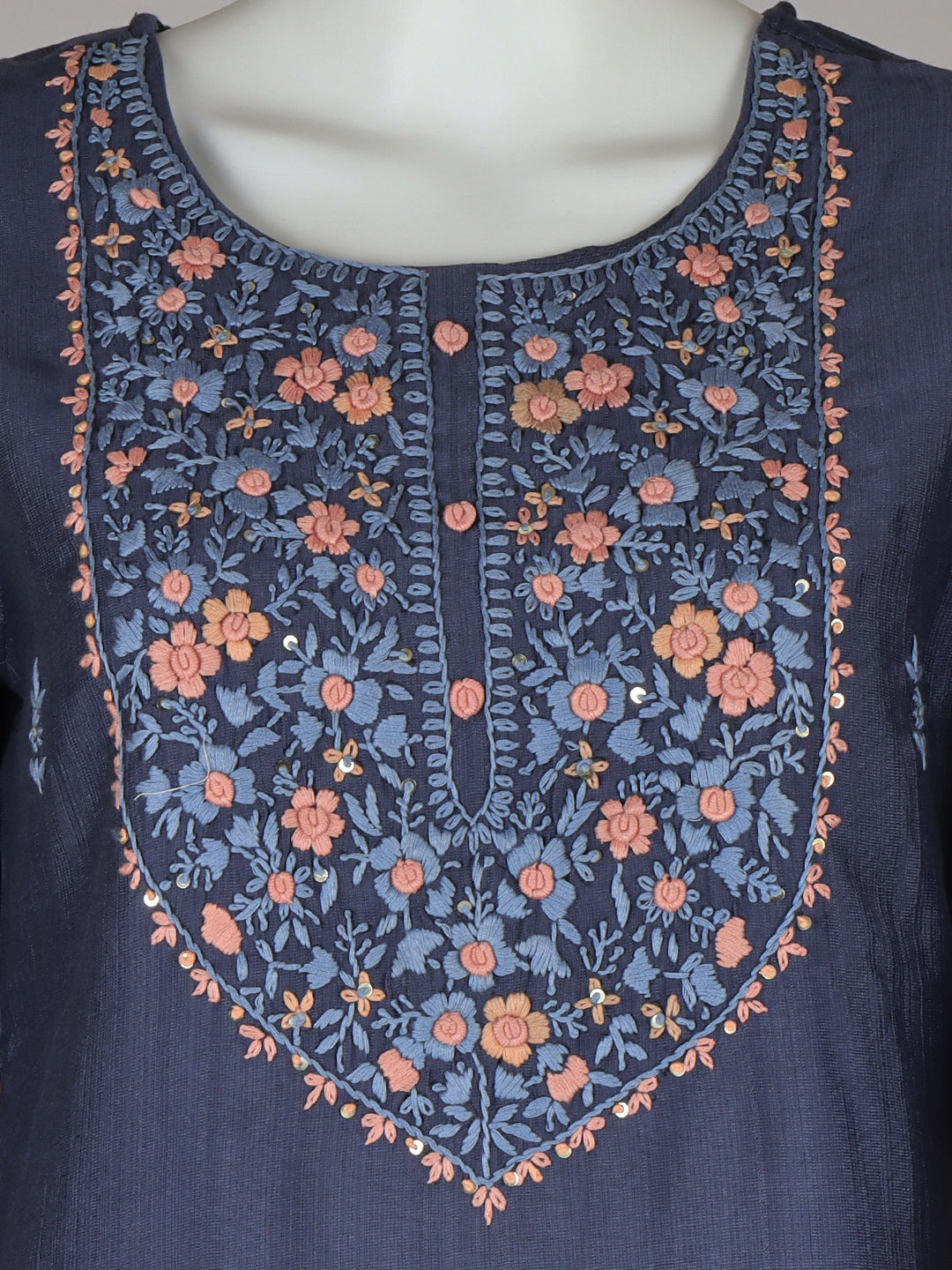 Women Silky Crush Embroidered Kurti Set Blue EKS87