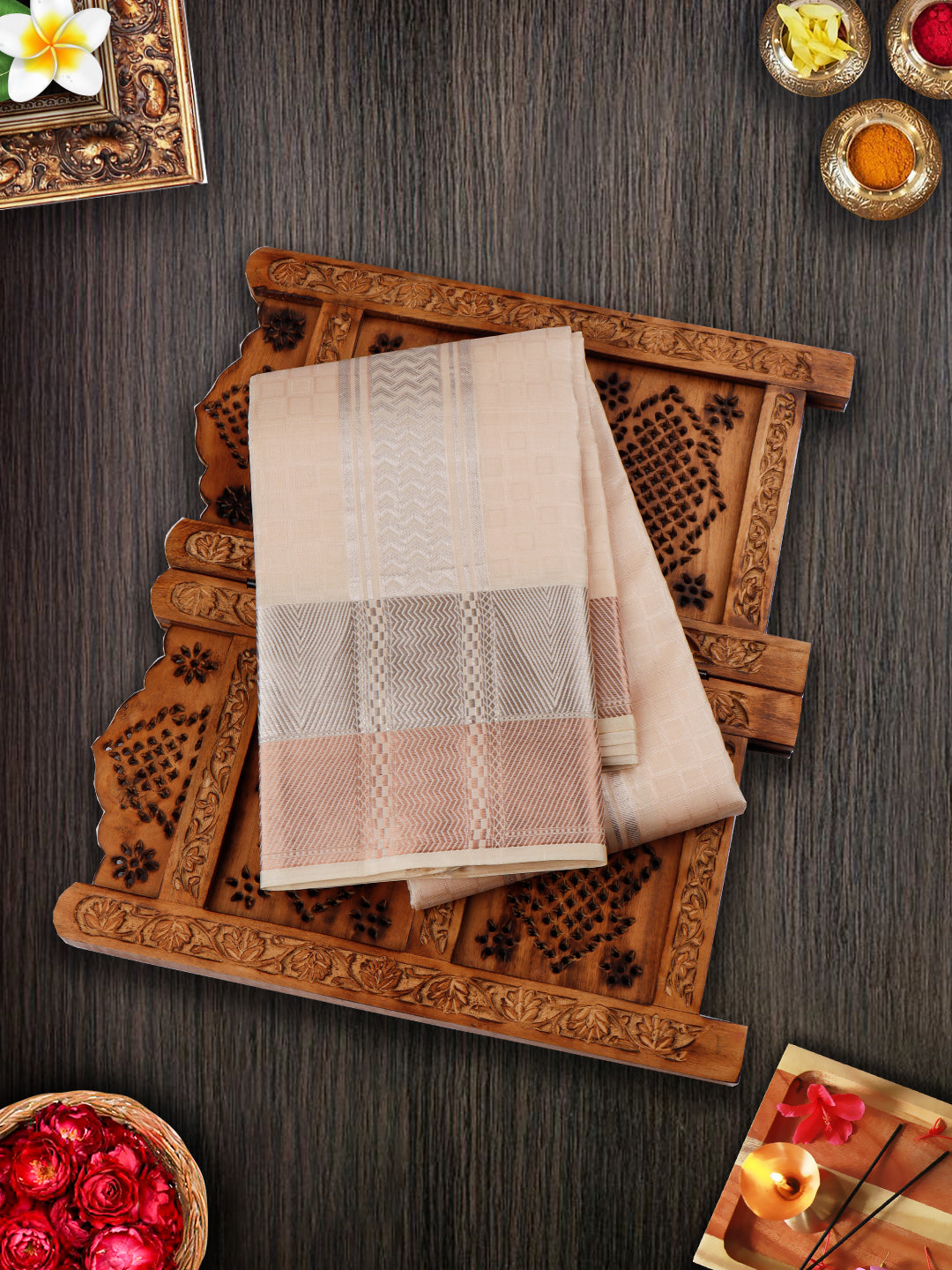 Pure SilK Dark Cream 3" Silver Jari Border Dhoti With Towel Thirukalyan-View one