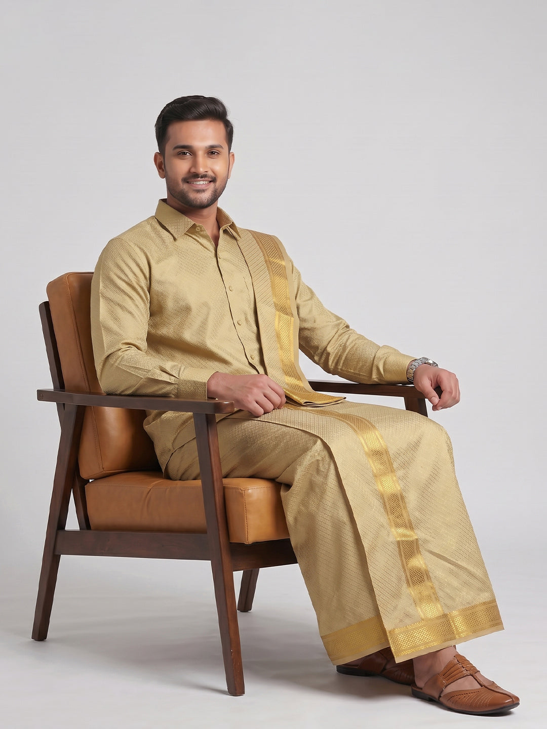 Men Art Silk Jacquard Design Shirt Dhoti & Towel Set Gold Swayamvara Grand DGJD1