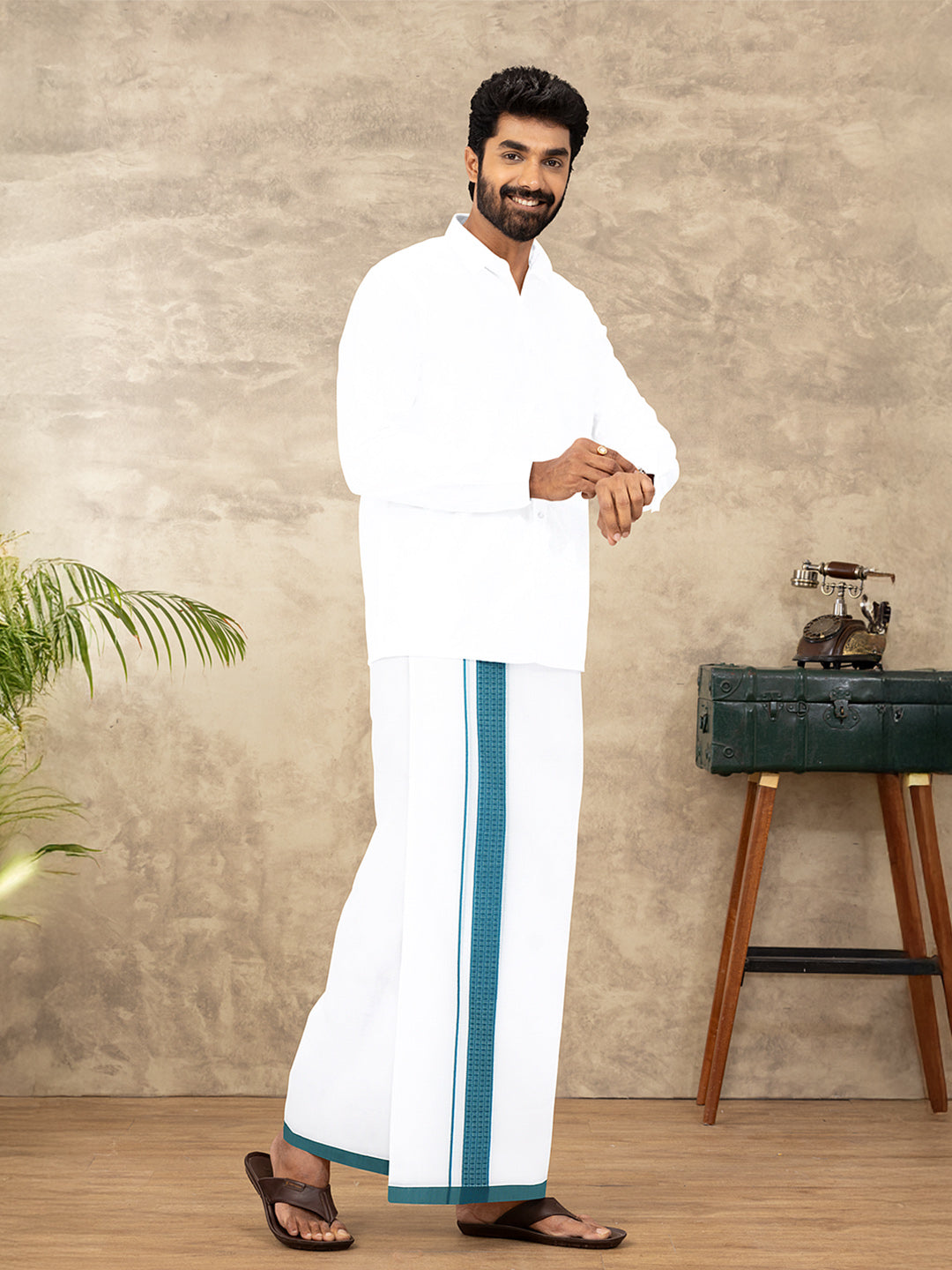 Men Cotton Blend Double Layer White Dhoti with Fancy Border TF09