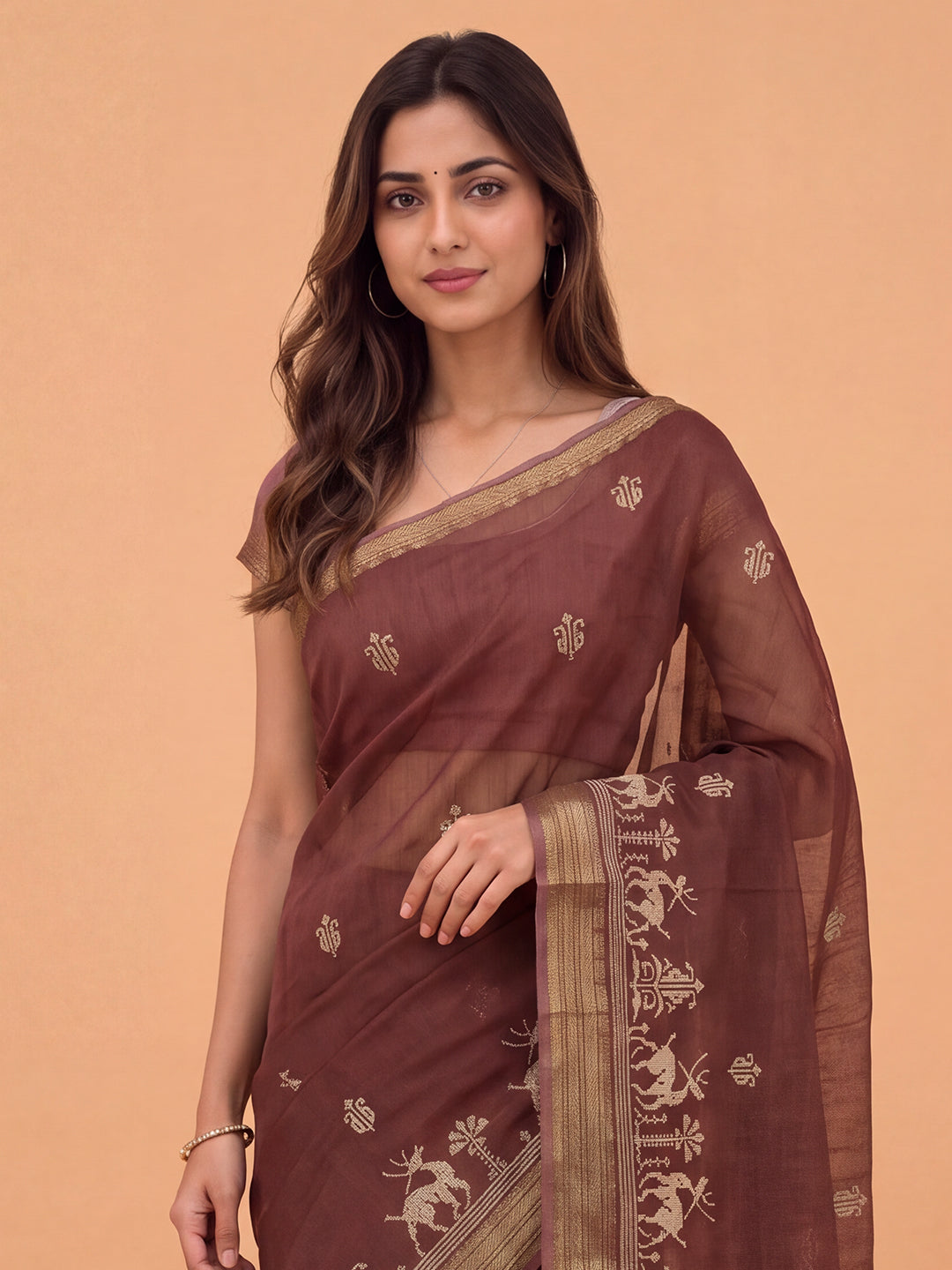 Women Semi Linen Maroon Embroidered Saree SL275