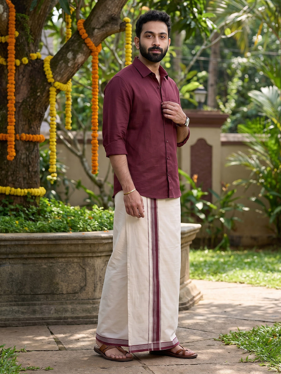 Double Layer Supima Cotton Cream Kora Dhoti with Colour Border - LC34