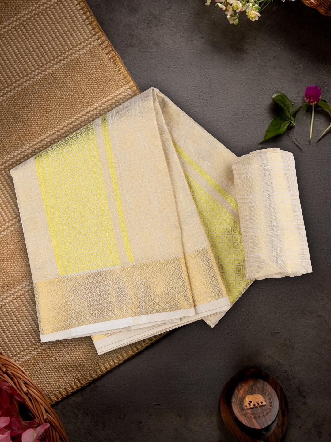 Men Tissue Dhoti Shirting & Towel Set Cream Golden Glory GG02