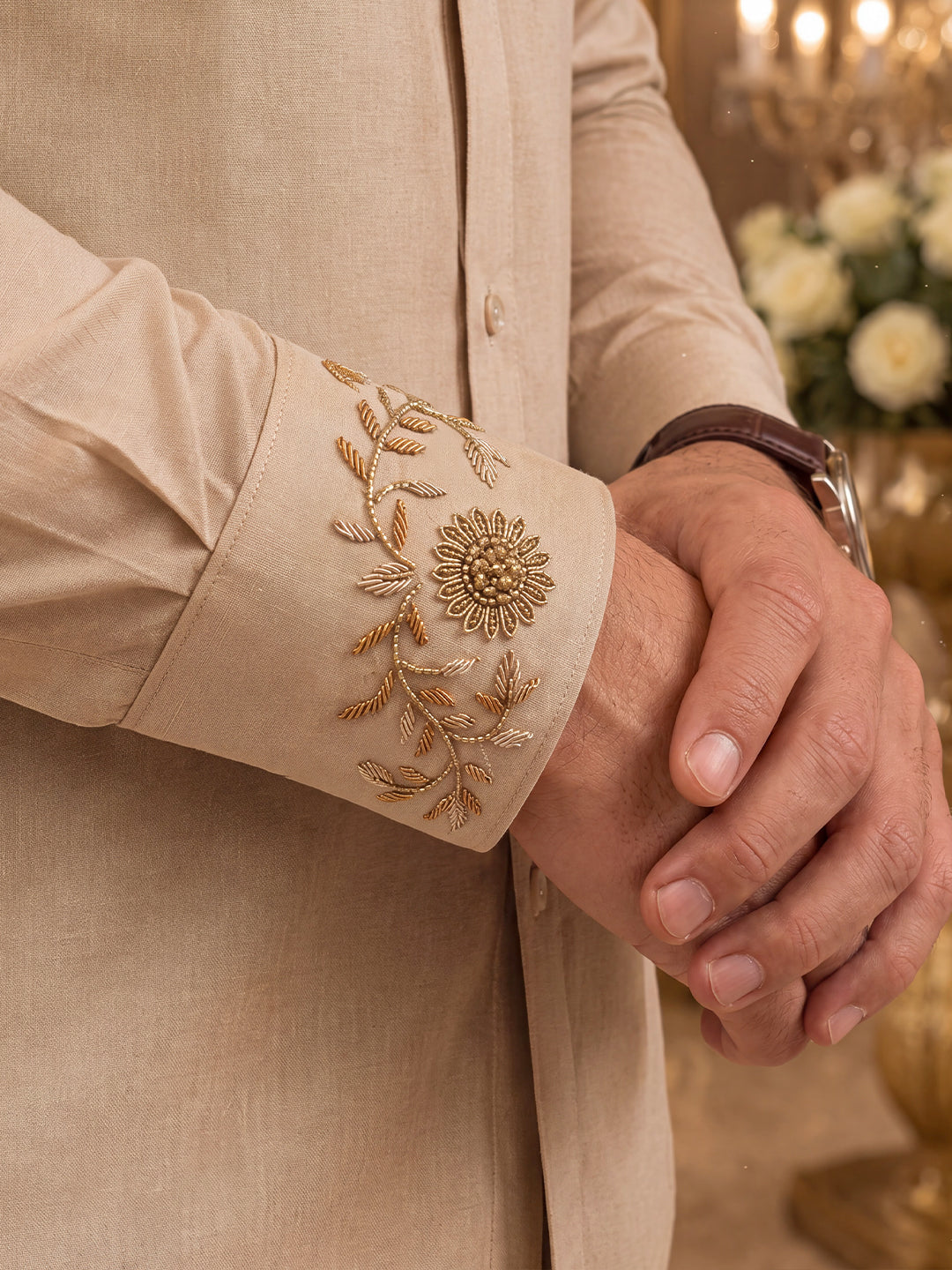 Premium Pure Tussar Silk Hand Embroidered Grand Floral & Leaf Chest Motif Customized Shirt & Dhoti Set | Ilachezhian