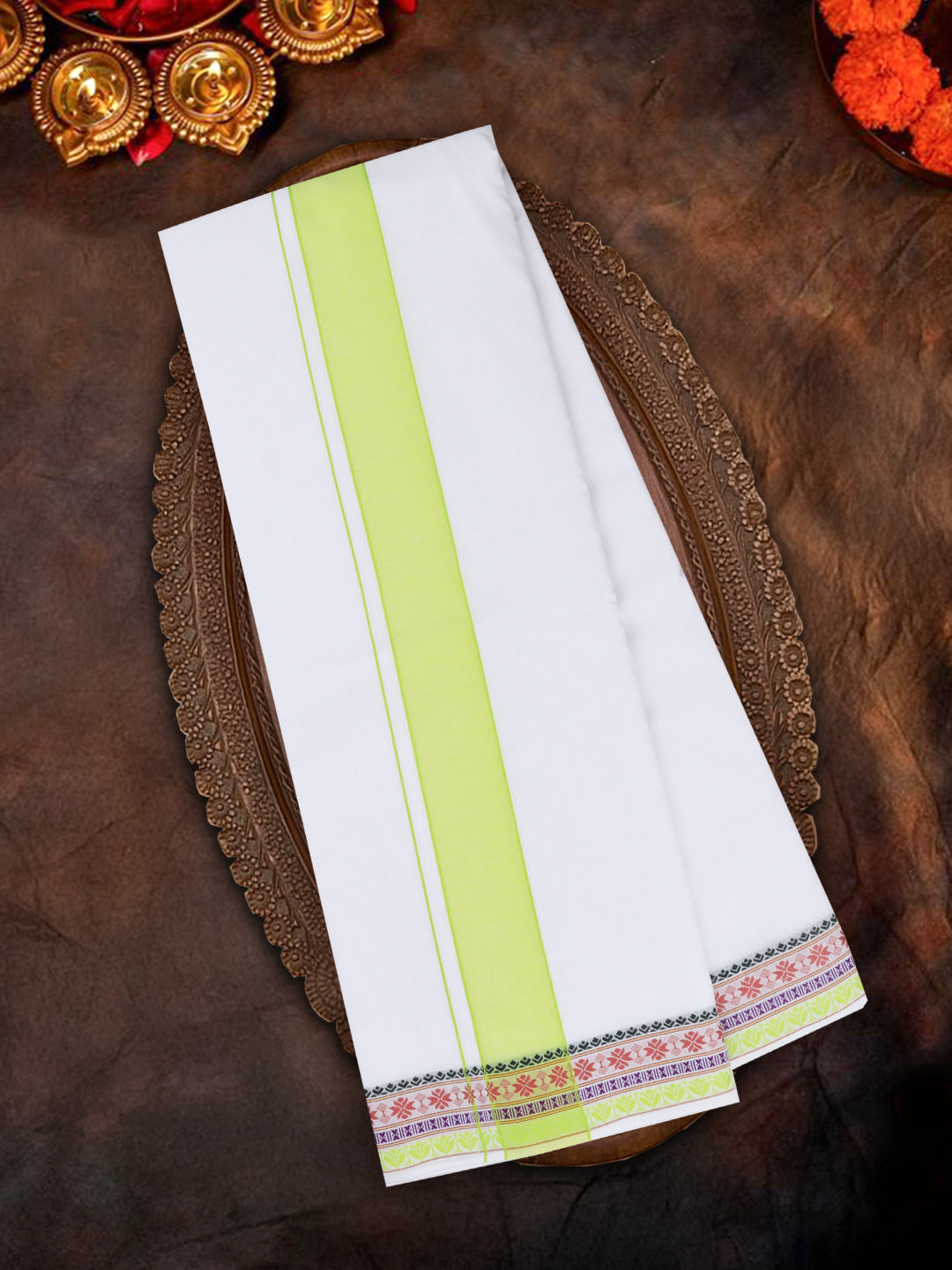 Men Cotton Green Fancy Border Panchakacham with Angavasthram (9+5) JD05