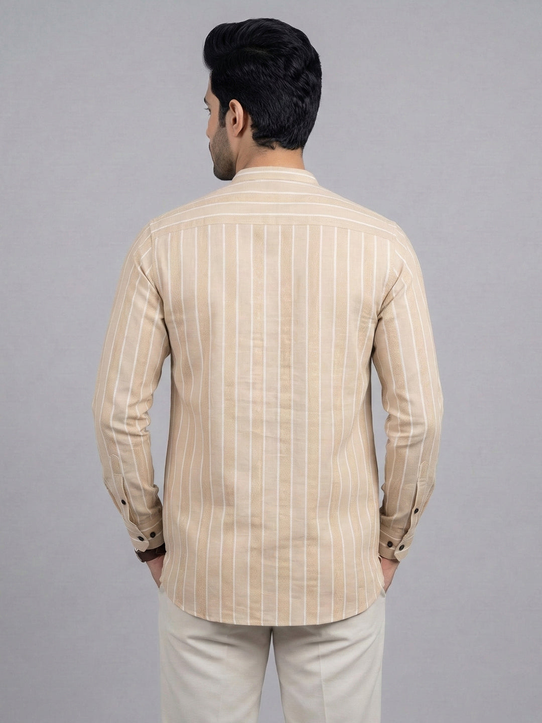 Men Cotton Short Length Striped Pocket Kurta Sand Beige RK53