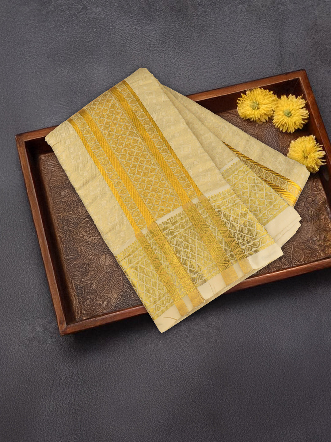 Men Art Silk Wedding Set Dhoti Shirting & Towel Set Gold Brahmotsavam B13(3*1)