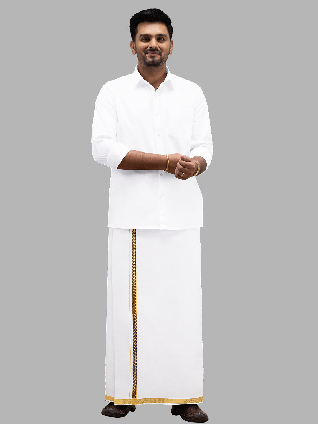 Men Cotton Blend Single Layer White Dhoti with Double Side Fancy Jari Border GP04