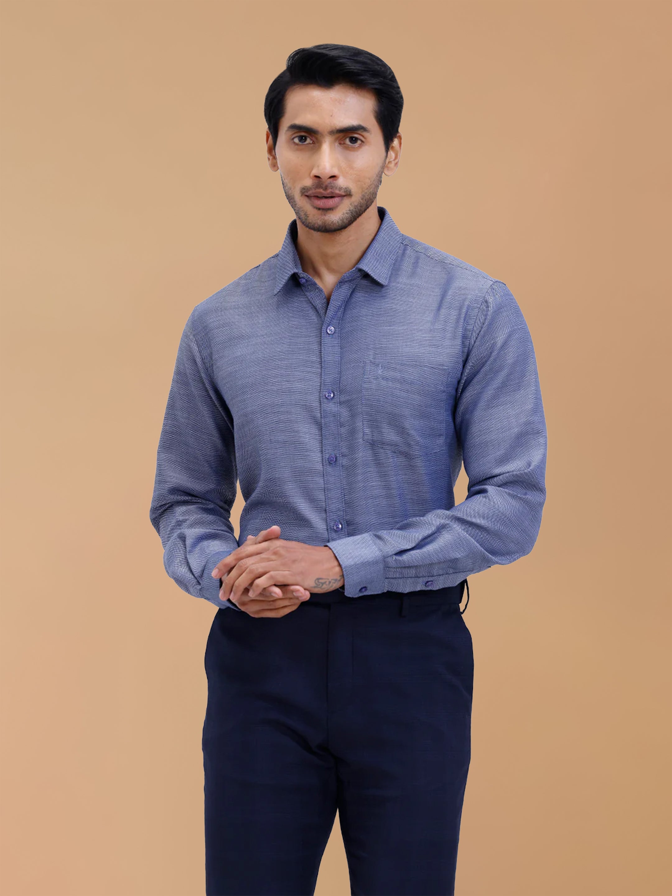 Cotton Rich Blue Dobby Regular Fit Shirt T59 AIT1