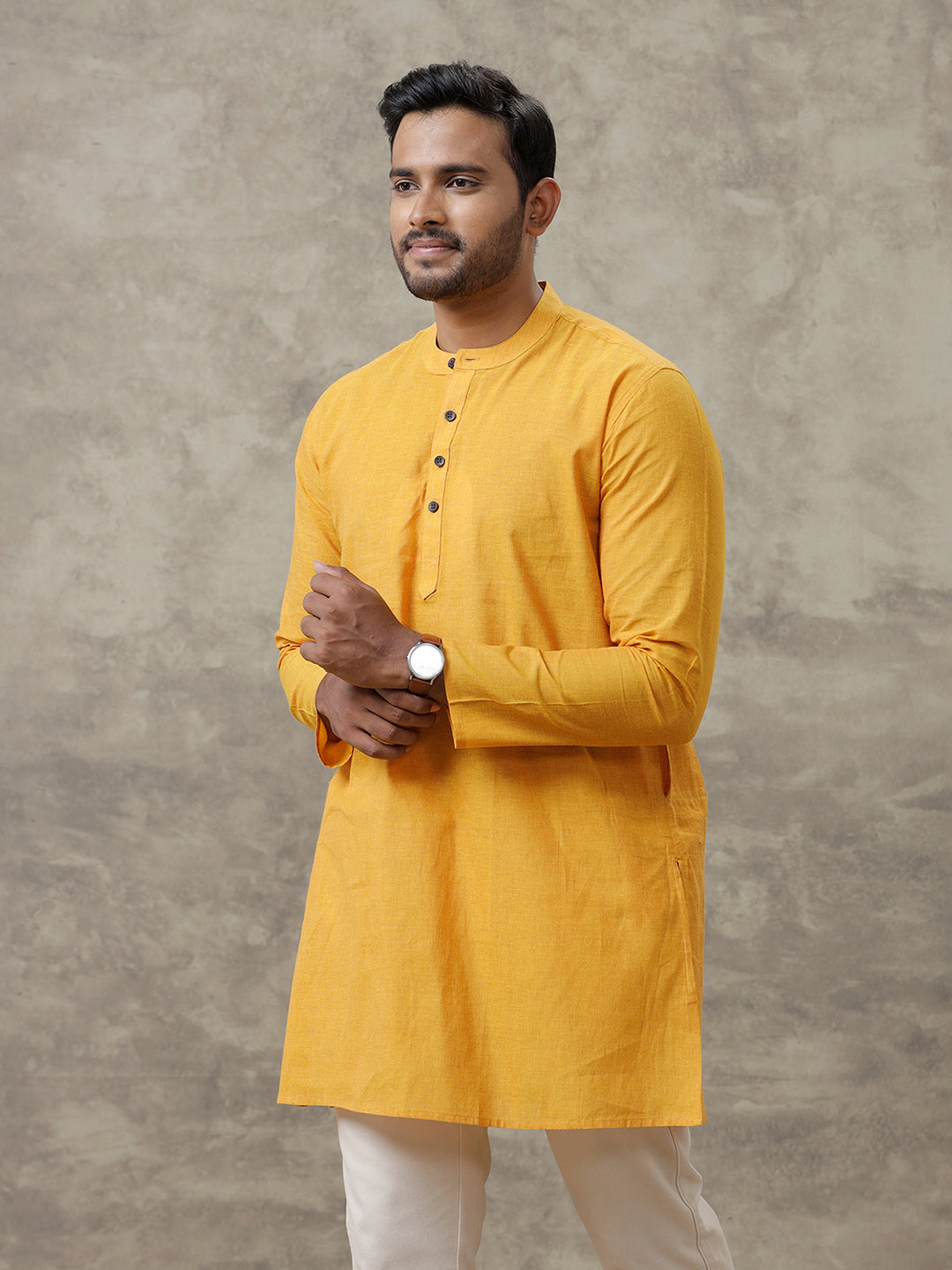 Men Cotton Medium Length Plain Pocket Kurta Chrome Yellow Y22