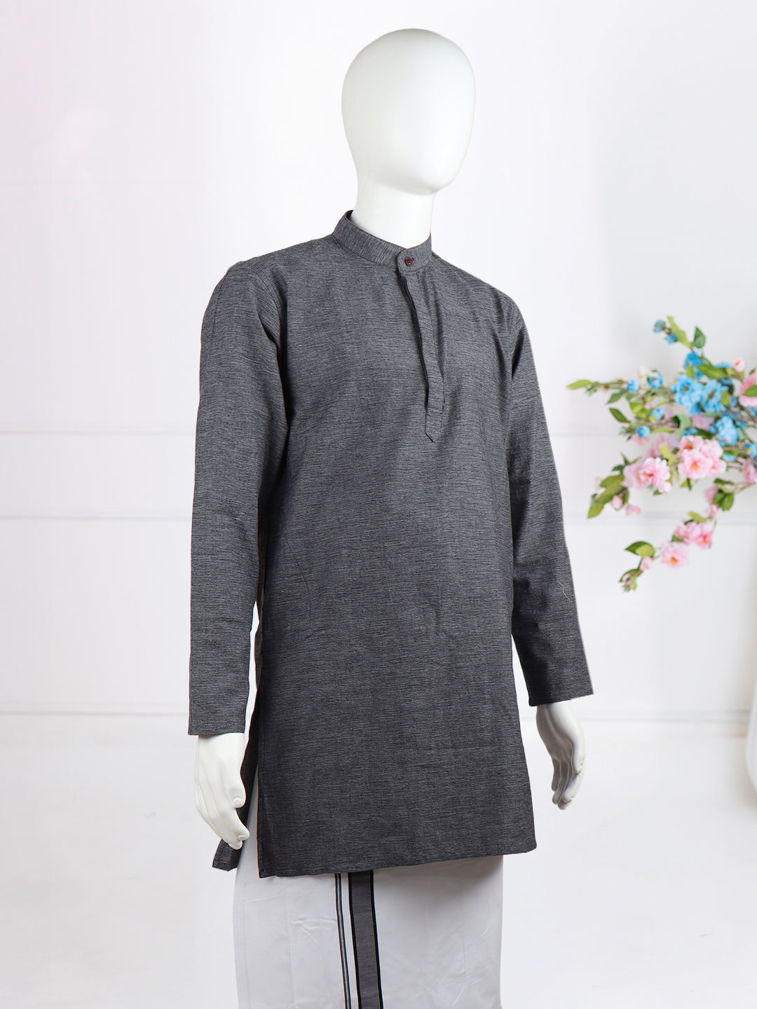 Men Mid Grey Medium Length Kurta with Matching Border Dhoti Set PC2