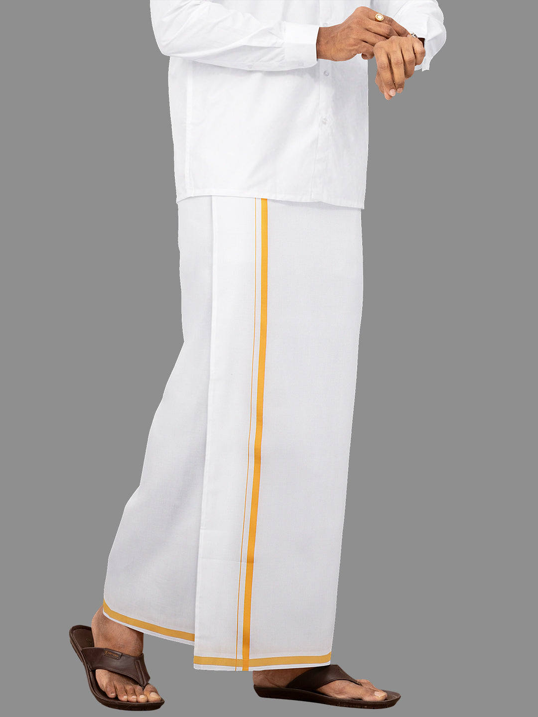 Men Cotton Blend Single Layer White Dhoti with Assorted Border Regular