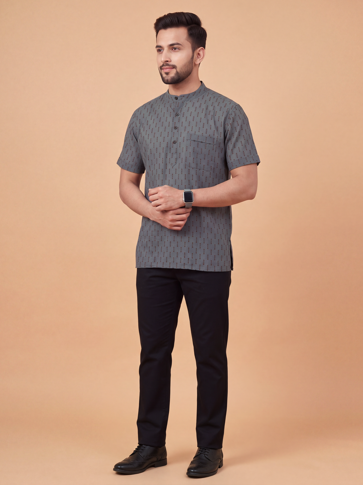 Cotton Short Length Printed Purple Grey Pocket Kurta RN10