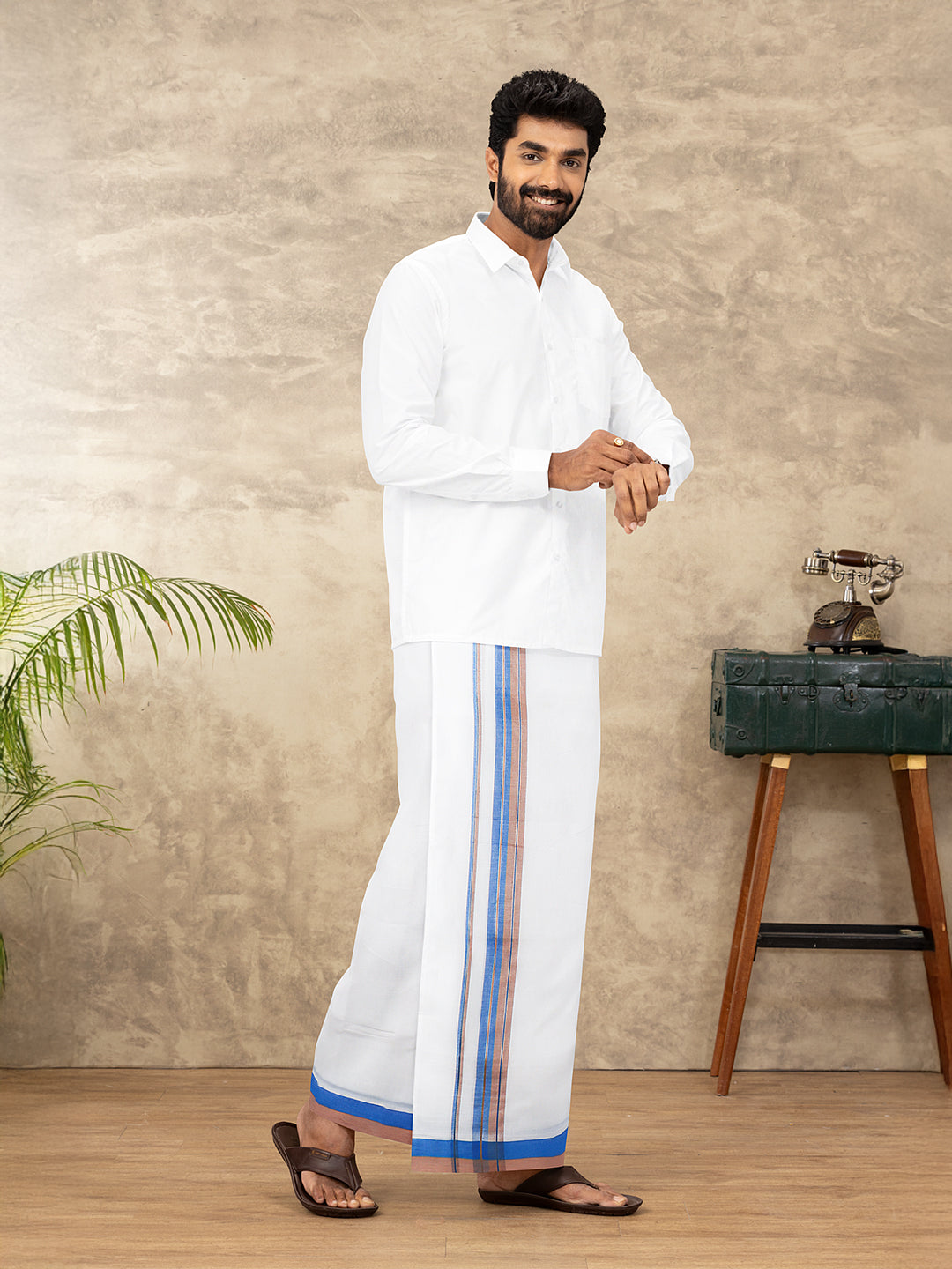 Men 100% Cotton Double Layer White Dhoti with Fancy Jari Border EJF9