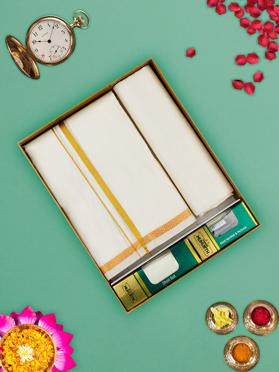 Men Pure Silk Cream with 1 1/2" inch Jari Border Dhoti Shirting & Towel Set Rajahamsa