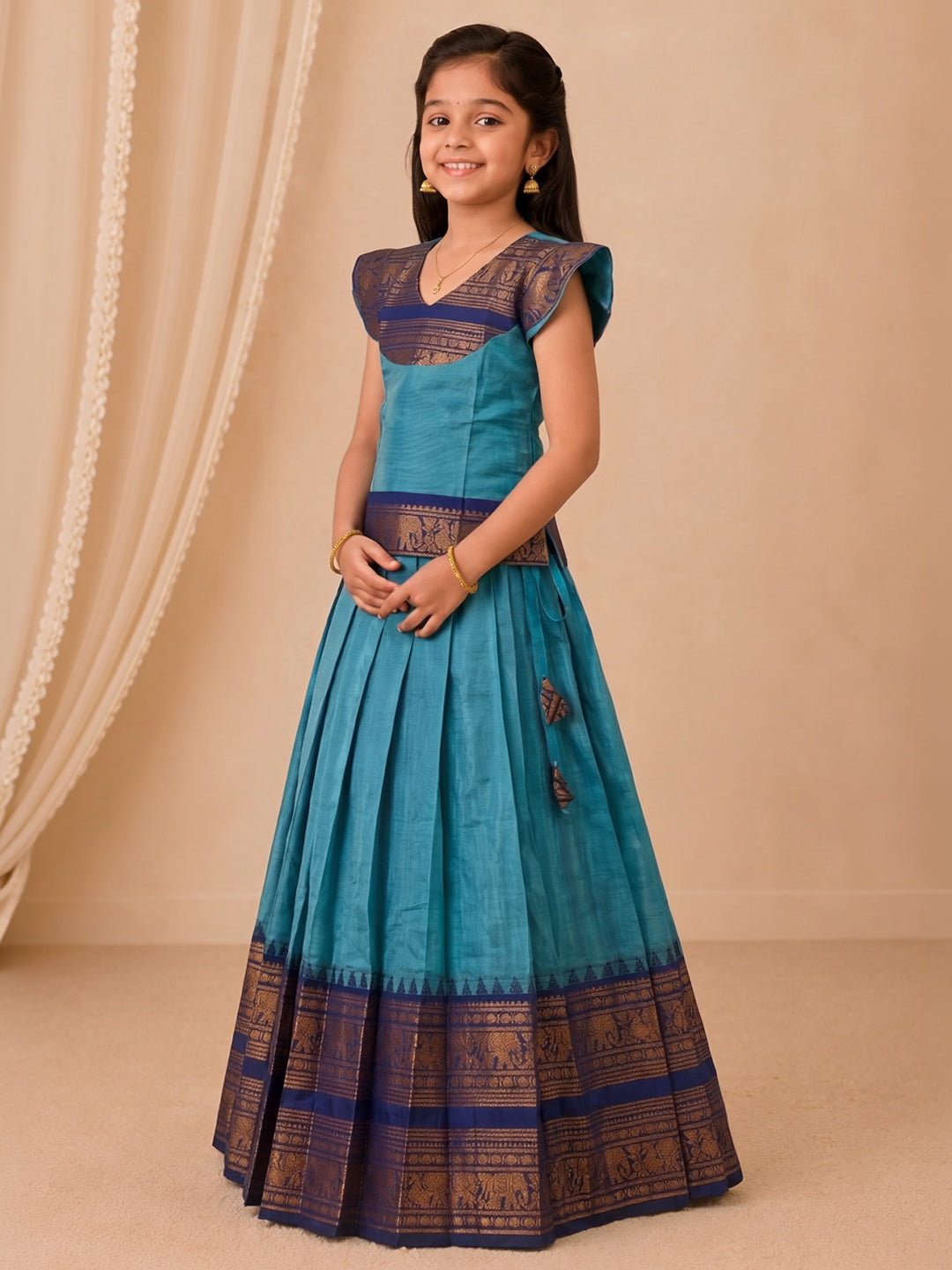 Girls Cotton Blue Pattu Pavadai Set GPS55