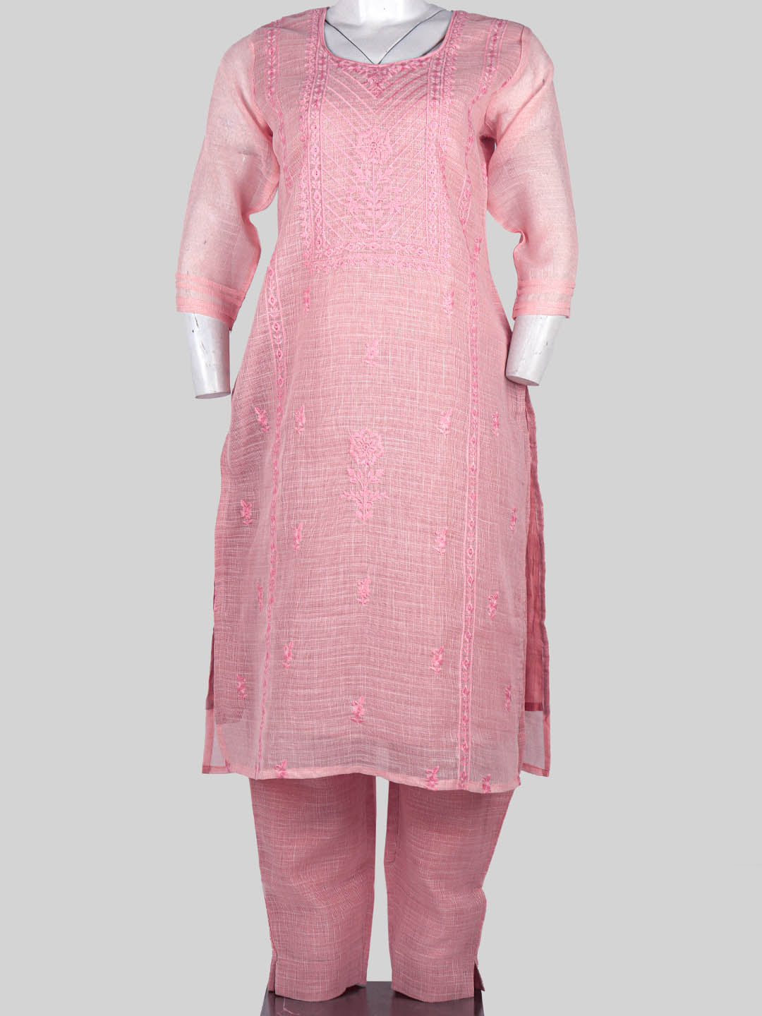 Women Cotton Embroidered Kurti Set Light Pink EKS44