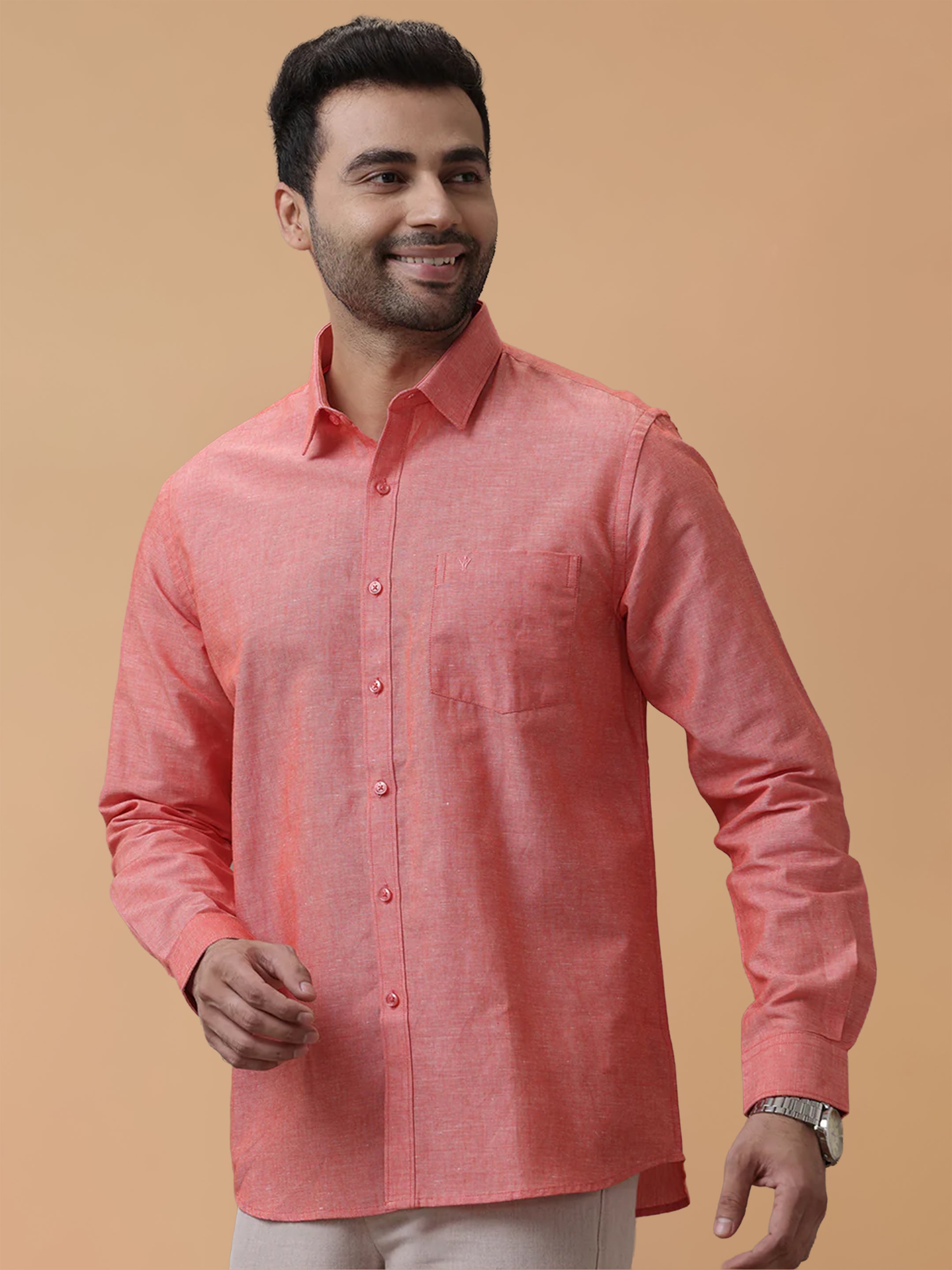 Linen Cotton Orangy Red Regular Fit Shirt LF5