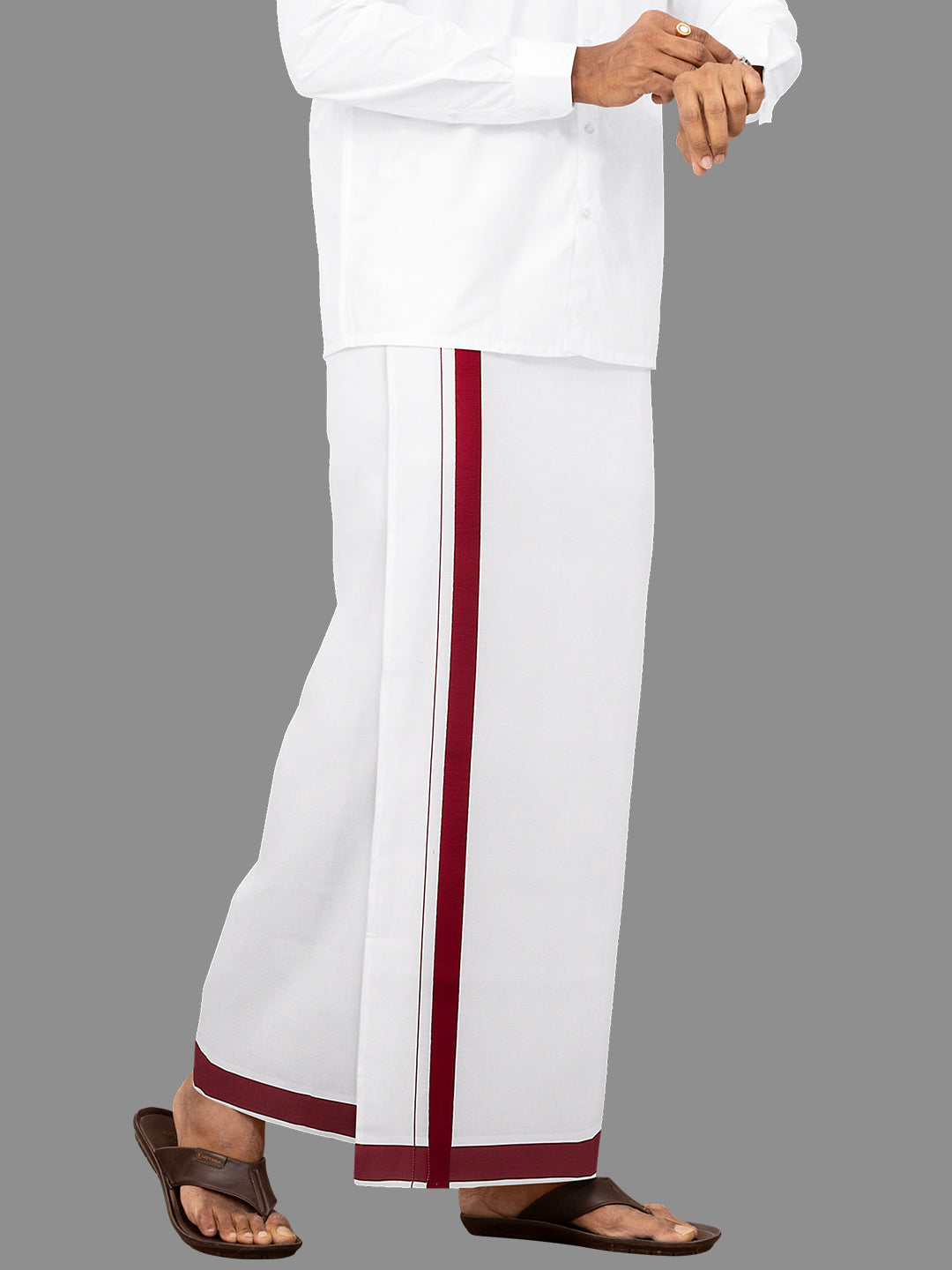 Men Cotton Blend Single Layer White Dhoti with Big Border WS03