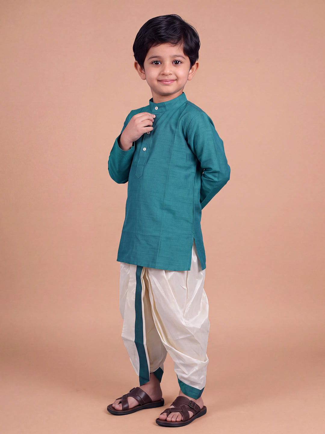 Boys Slub Cotton Full Sleeves Dark Green Kurta with Panchakacham Combo Set SL4