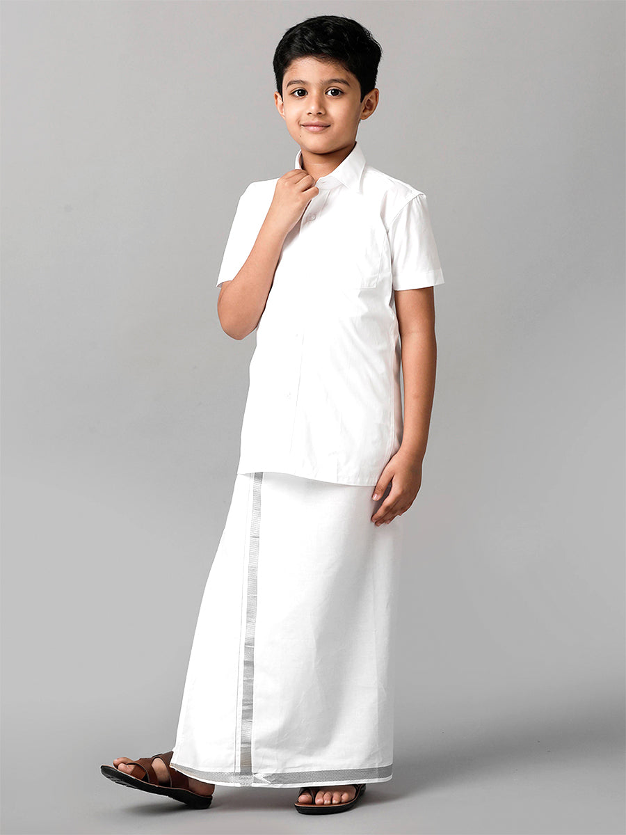 Boys Readymade Single Layer White Dhoti With Silver Jari Border