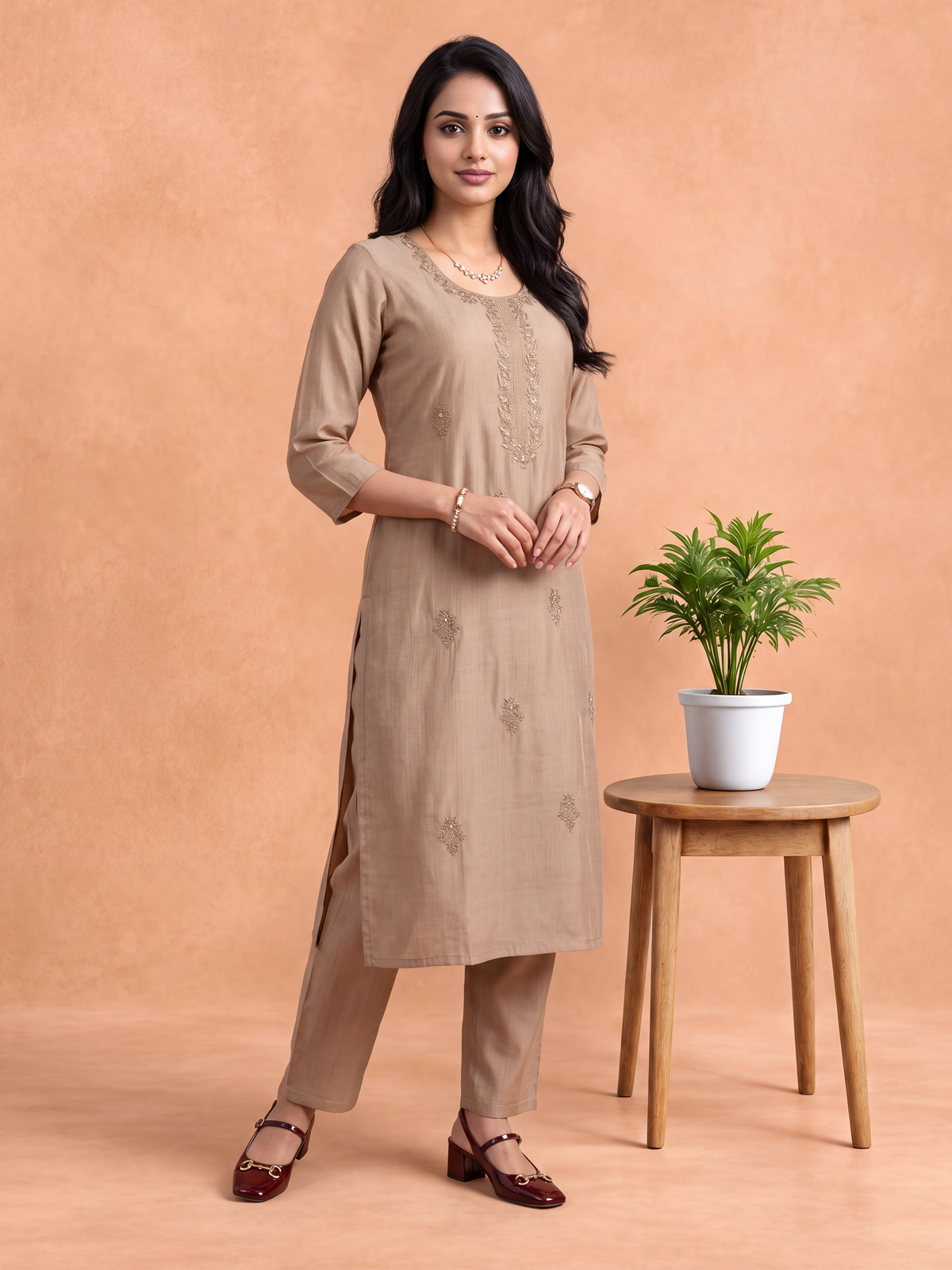 Women Embroidered Beige Kurti Set EKS158