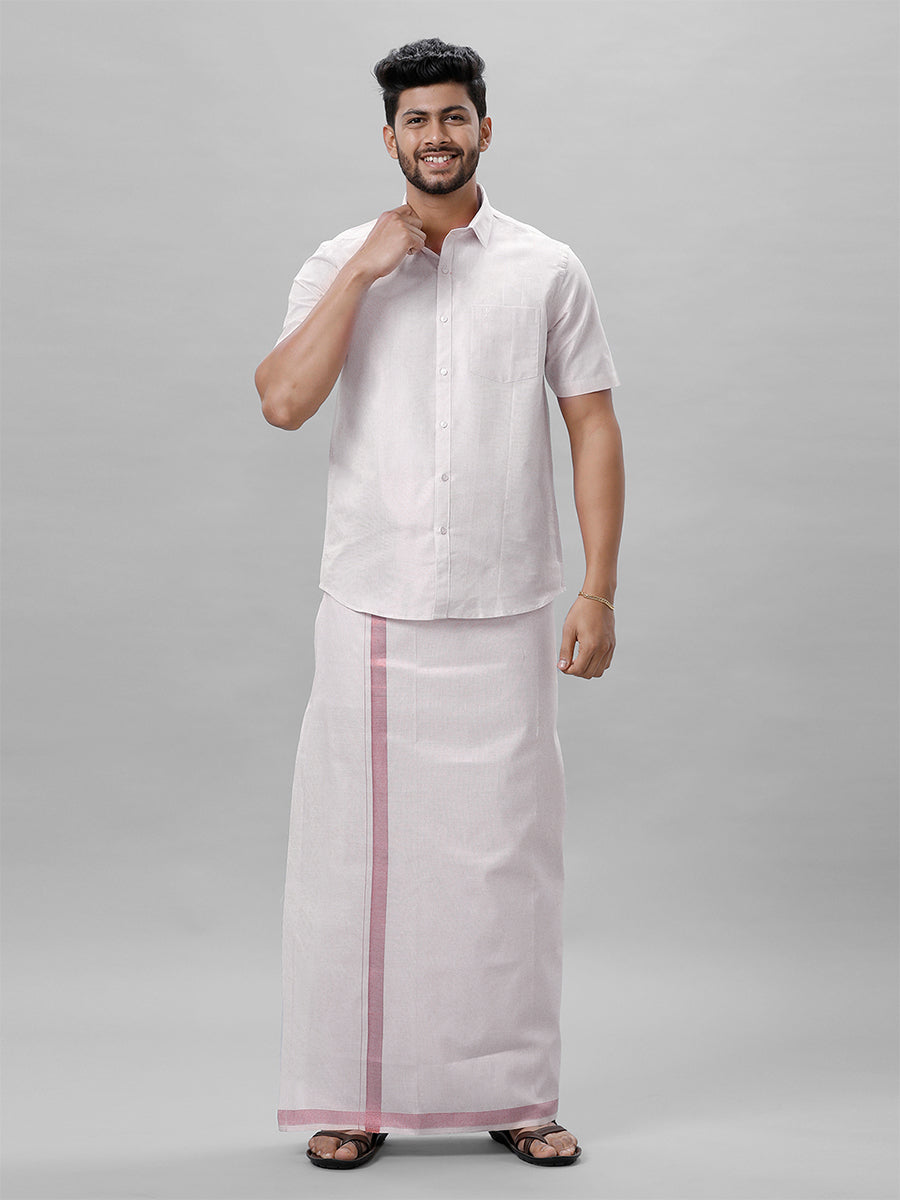 Mens Double Tissue Dhoti with Rose Pink Jari 1" No 5024-Full view