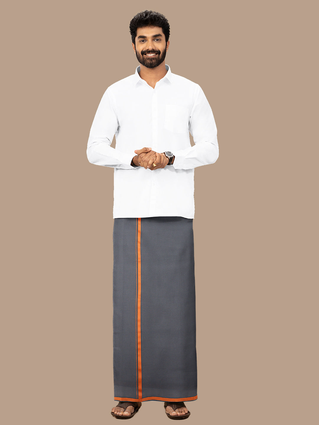 Men 100% Cotton Single Layer Grey Dhoti with Big Border Poojan