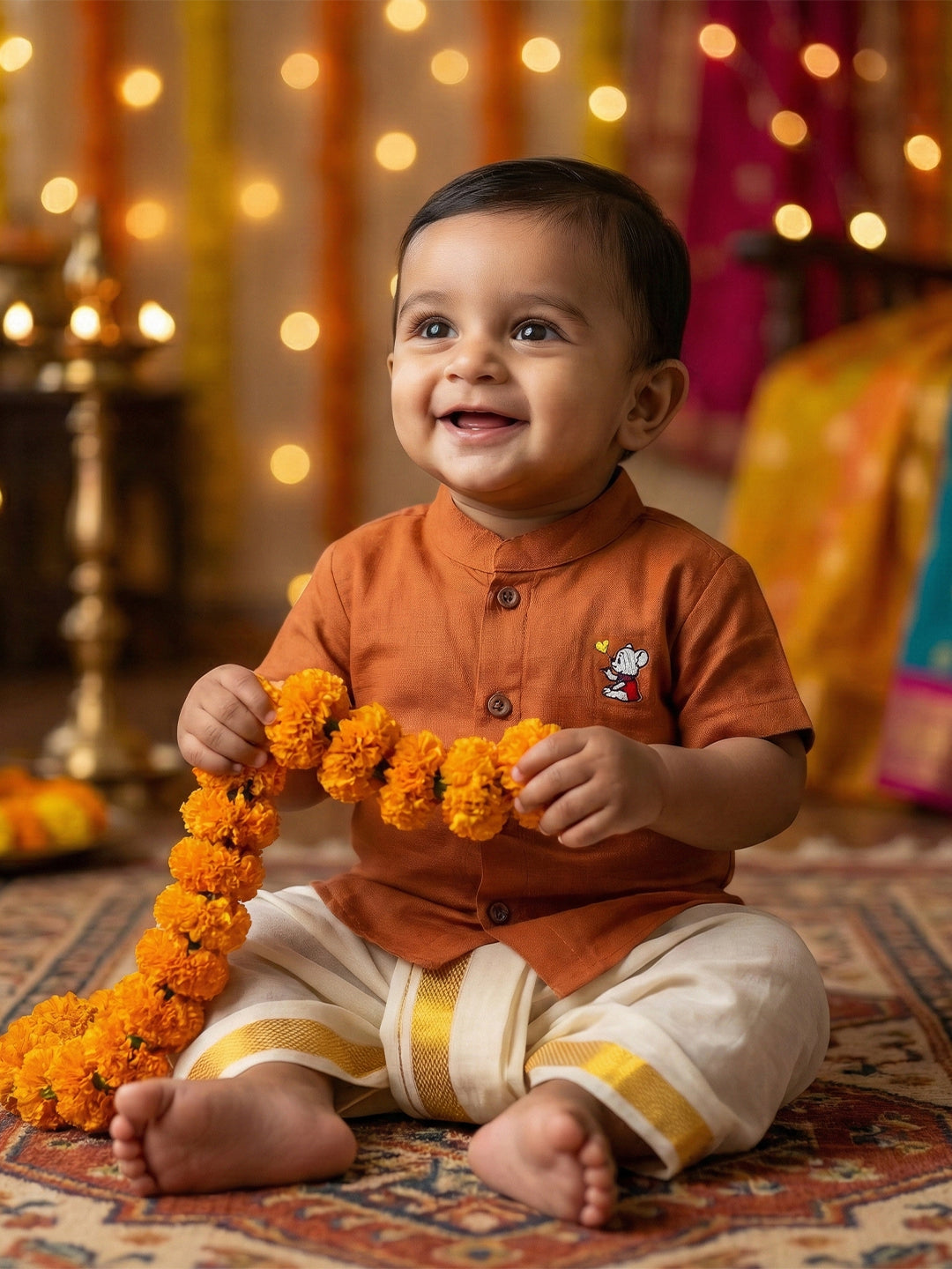 Born Baby Shirt with Pant and Panchakacham Set Brown G74