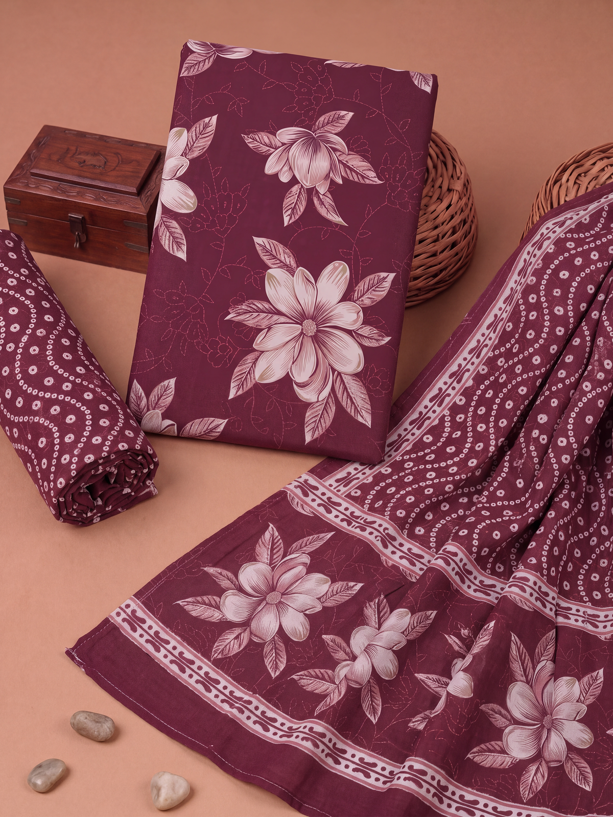 Women Cotton Maroon Printed Dress Material DM389