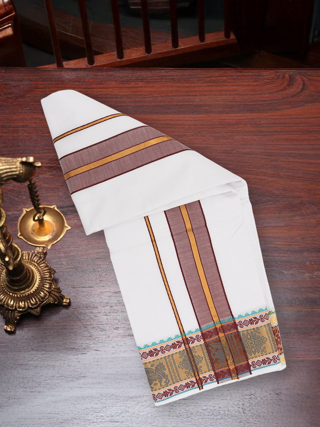 Men Cotton Brown Fancy Border Panchakacham with Angavasthram Vishvadeva (9+5) VD01