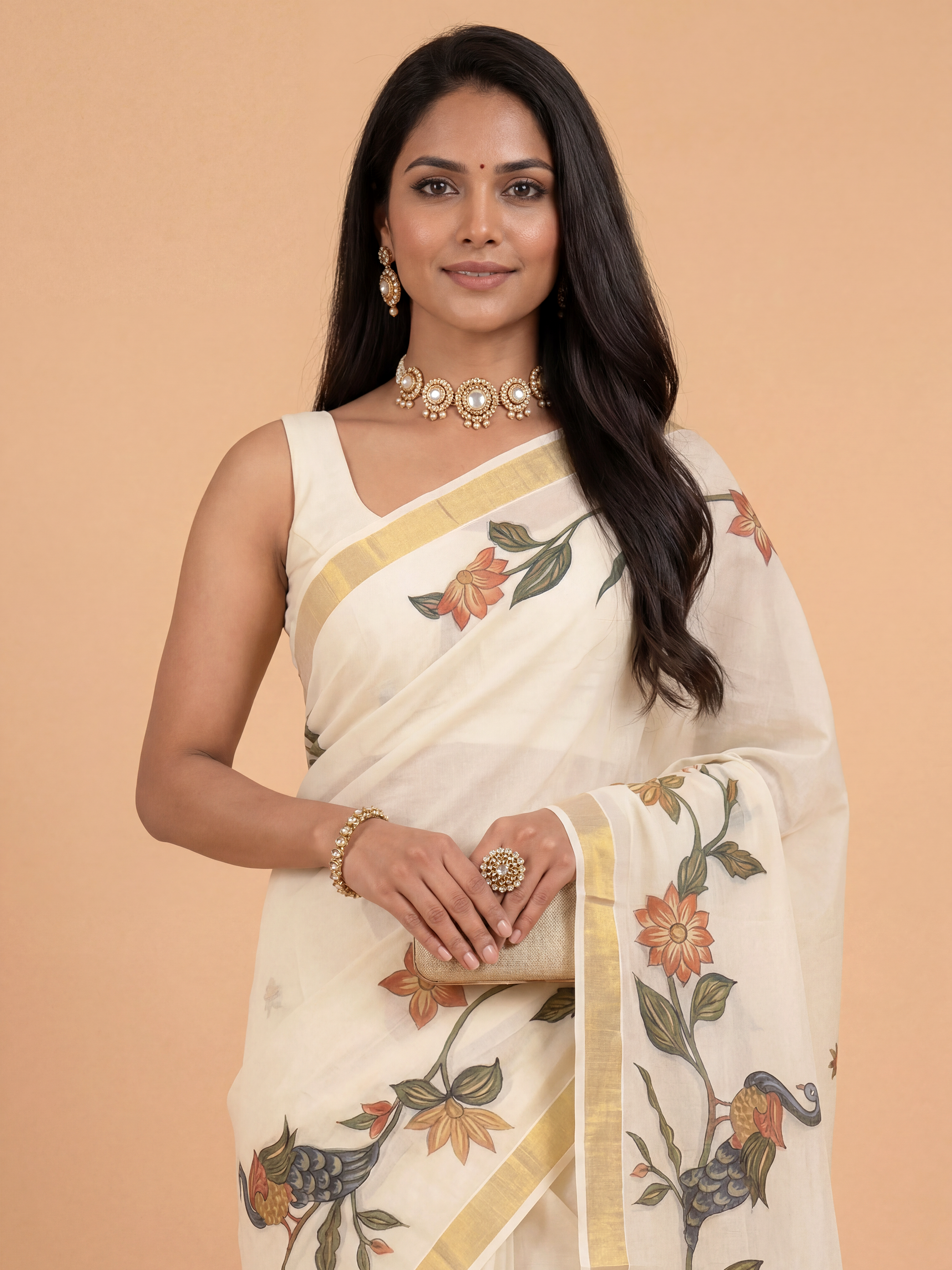 Women Kora Cotton Cream Floral Printed Kerala Saree KLS09
