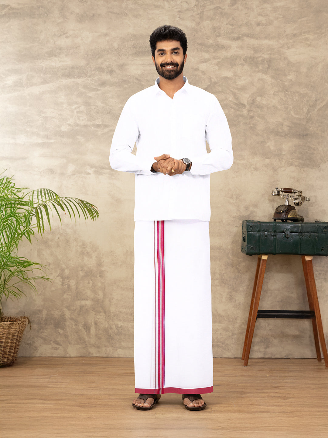 Men Cotton Blend Single Layer White Dhoti with Fancy Jari Border WSF07