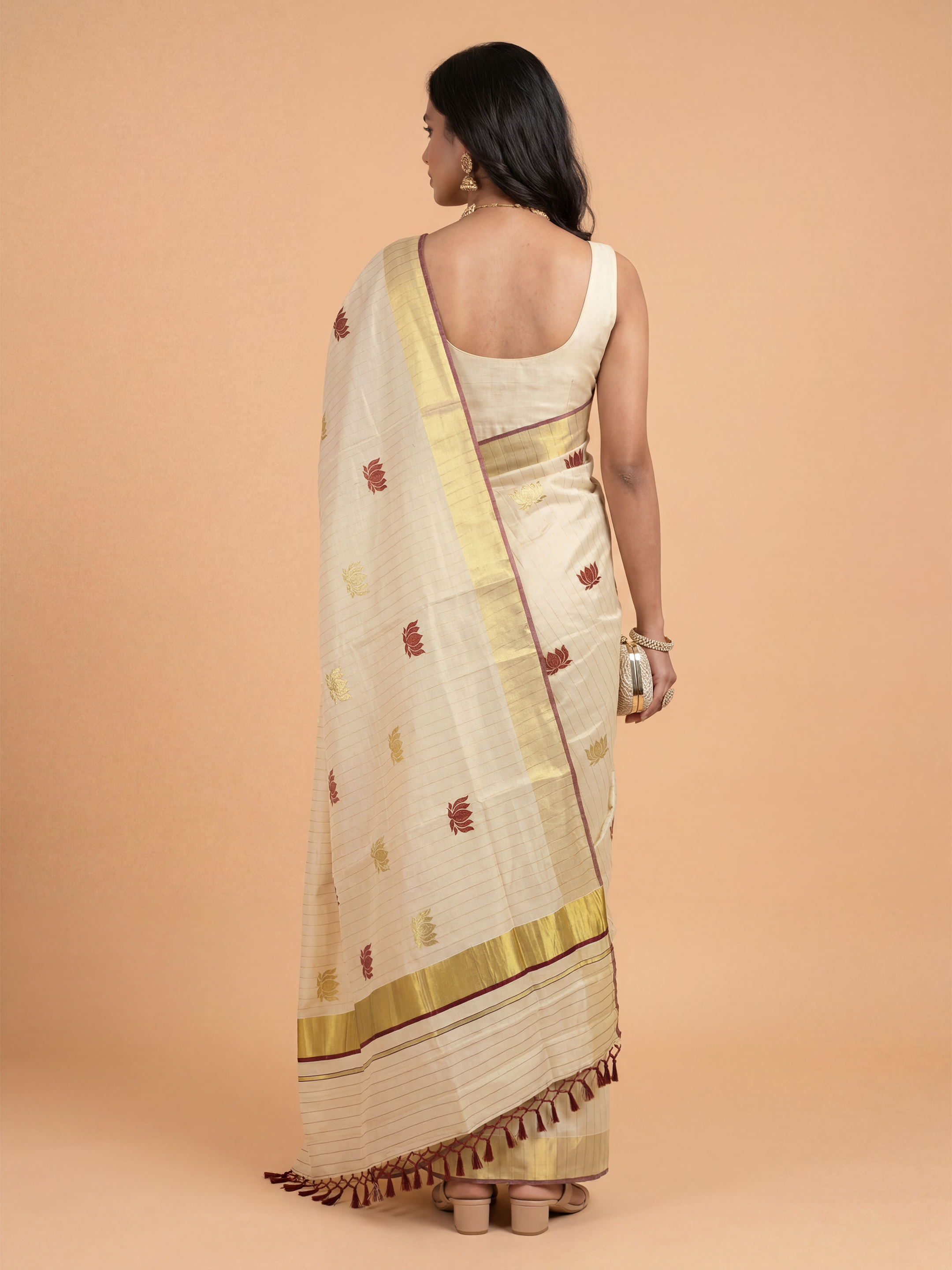 Women Gold Kerala Tissue Embroidered Saree KLS19