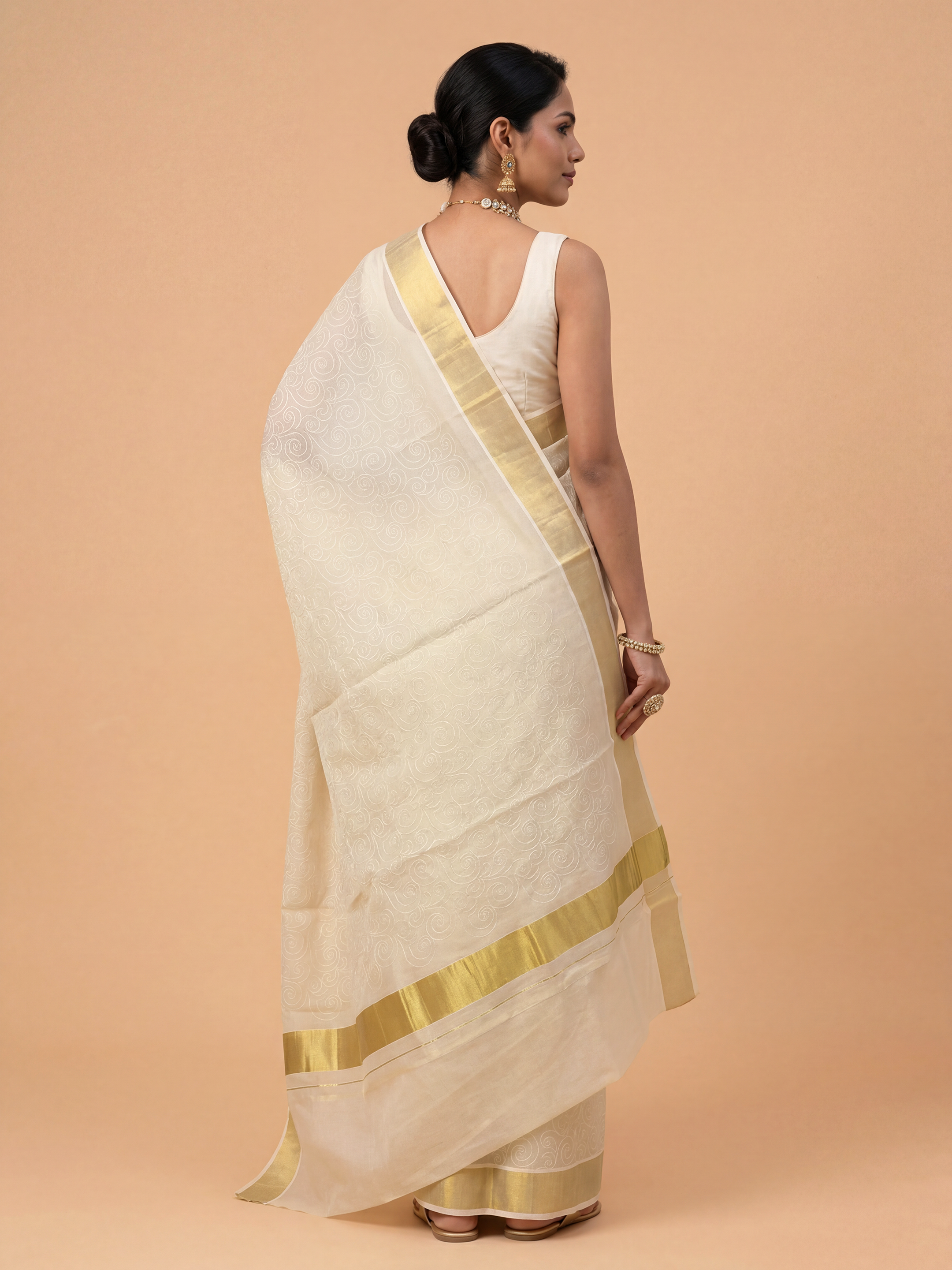 Women Tissue Cream Embroidered Kerala Saree KLS18
