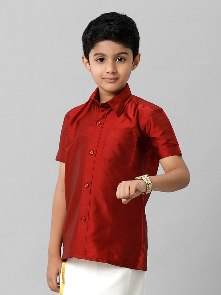 Boys Silk Cotton Red Half Sleeves Shirt K8-Front view