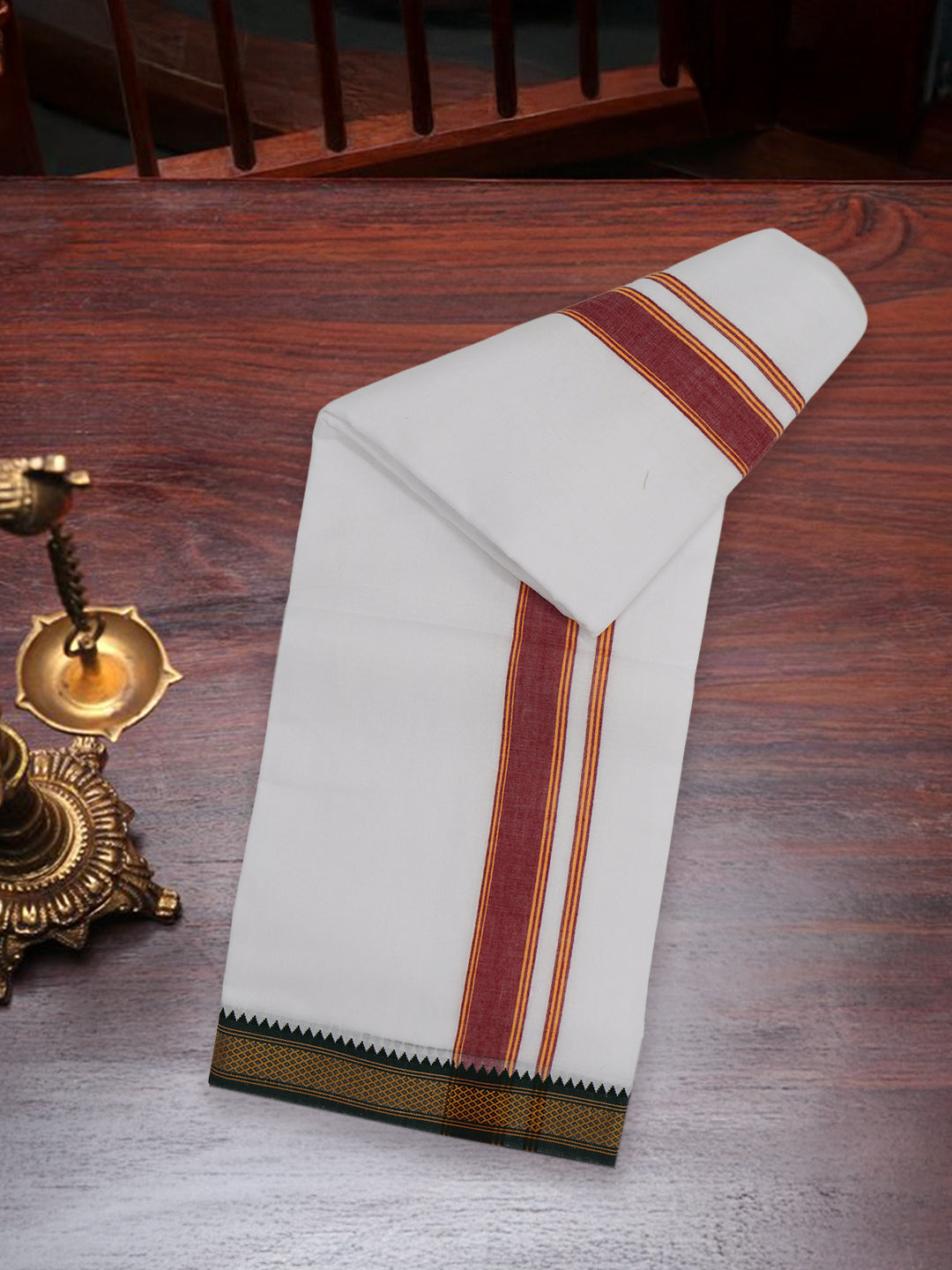 Men 100% Cotton Mayilkhan Border Panchakacham with Angavasthram White(9+5)