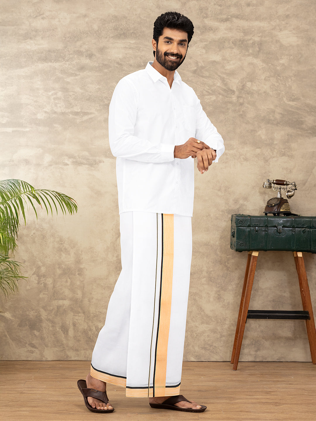Men 100% Cotton Double Layer White Dhoti with Fancy Border PMF9
